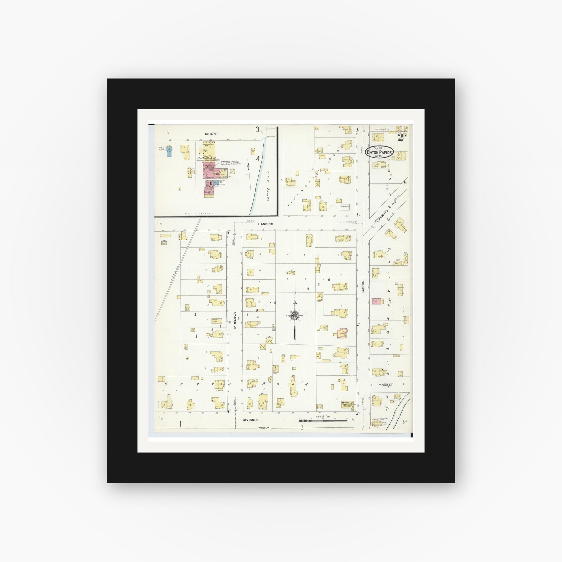 Old map wall art mockup — black gallery frame with white mat — Sanborn Fire Insurance Map from Eaton Rapids, Eaton County, Michigan (1911), Sheet #0002