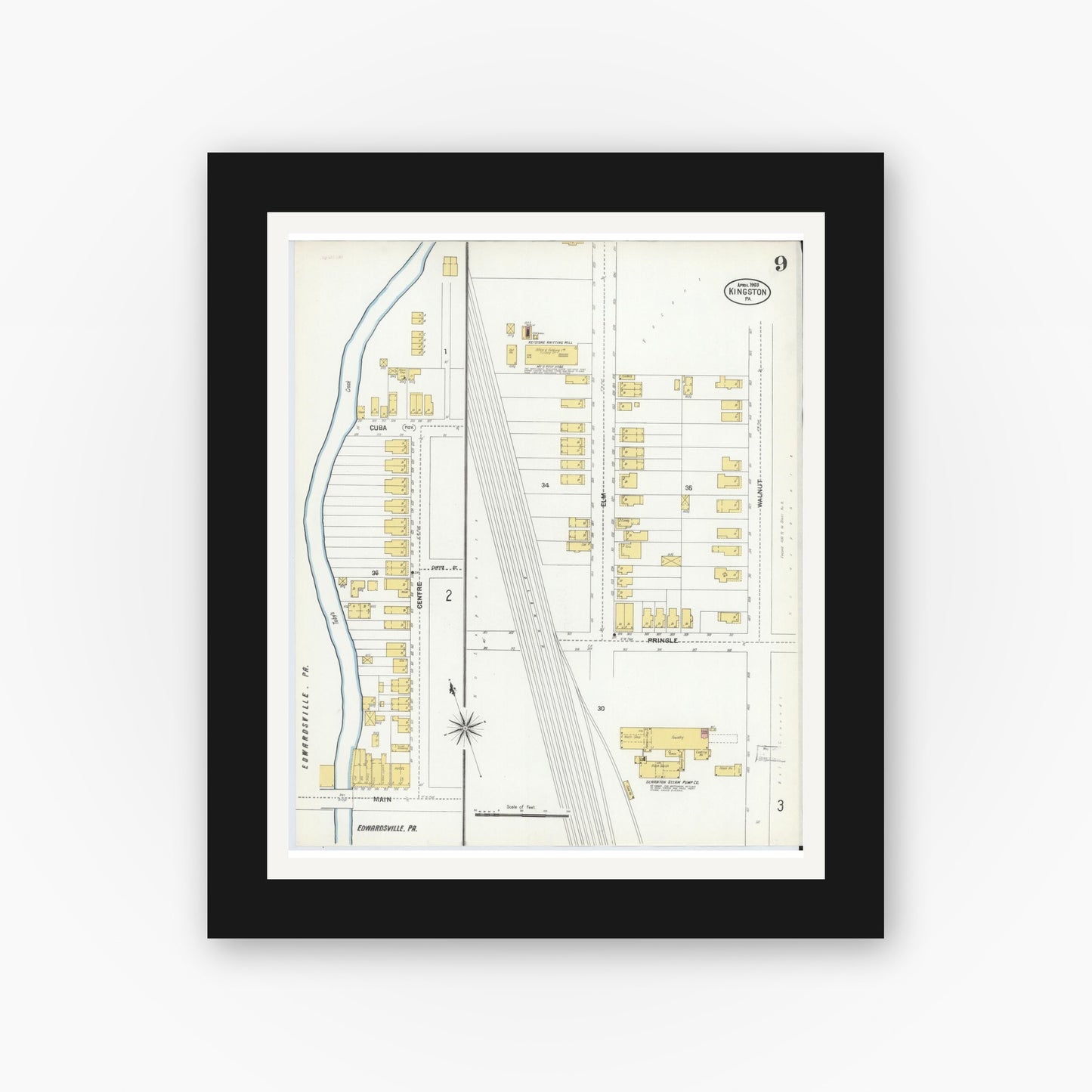 Old map wall art mockup — black gallery frame with white mat — Sanborn Fire Insurance Map from Kingston, Luzerne County, Pennsylvania (1903), Sheet #0009