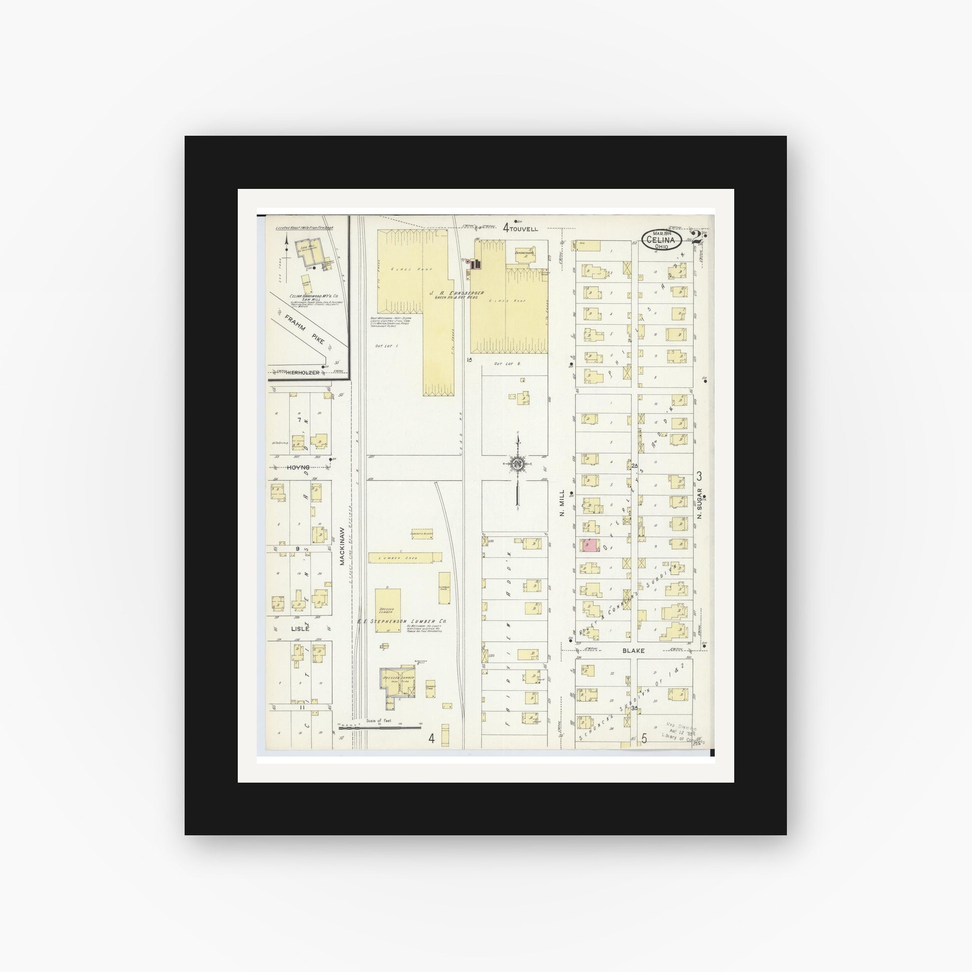 Old map wall art mockup — black gallery frame with white mat — Sanborn Fire Insurance Map from Celina, Mercer County, Ohio (1914), Sheet #0002