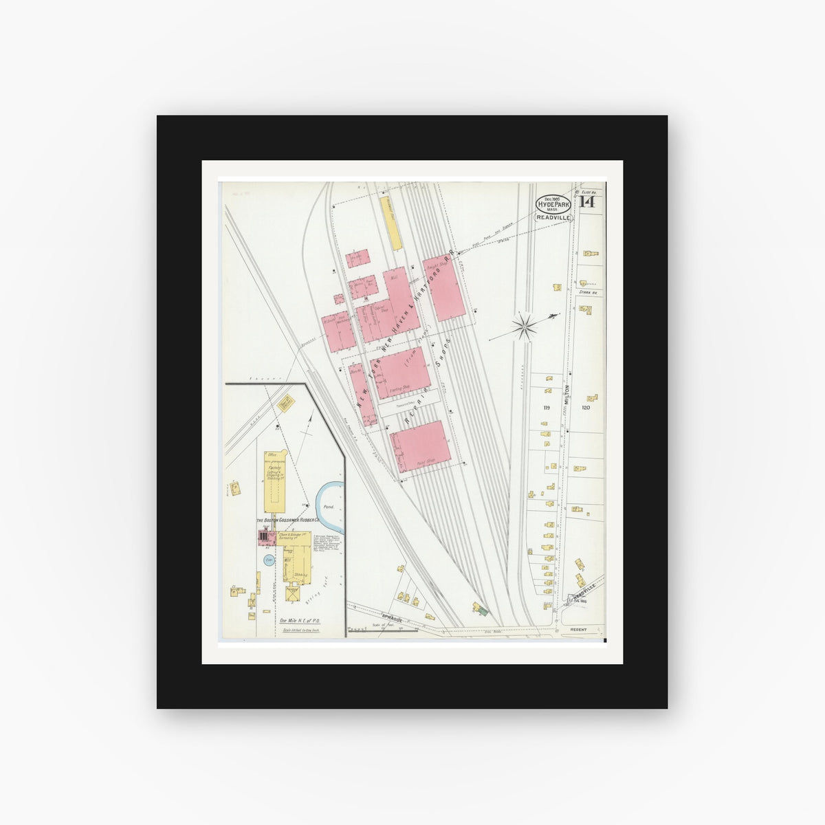 Old map wall art mockup — black gallery frame with white mat — Sanborn Fire Insurance Map from Hyde Park, Norfolk County, Massachusetts (1900), Sheet #0014