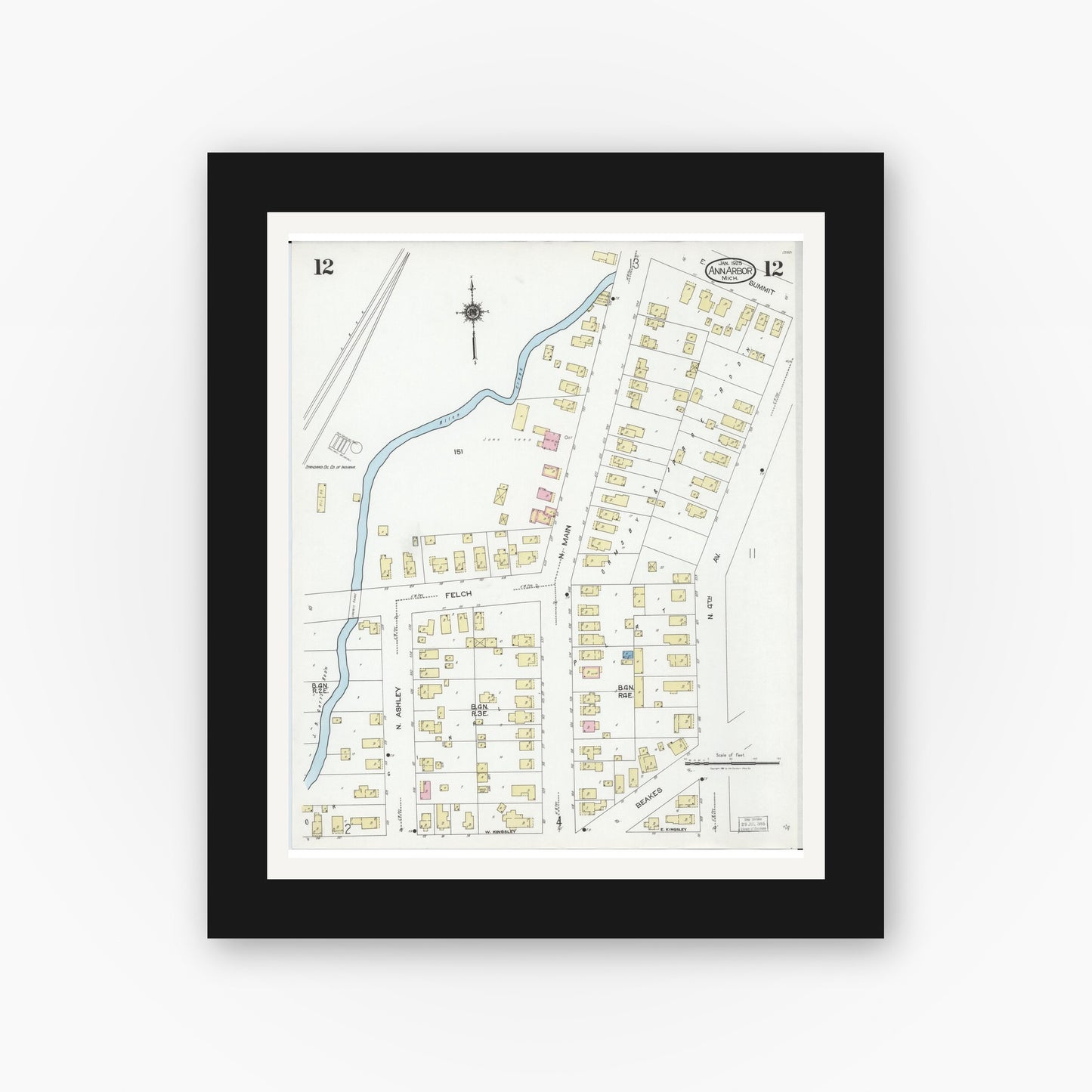 Old map wall art mockup — black gallery frame with white mat — Sanborn Fire Insurance Map from Ann Arbor, Washtenaw County, Michigan (1925), Sheet #0012