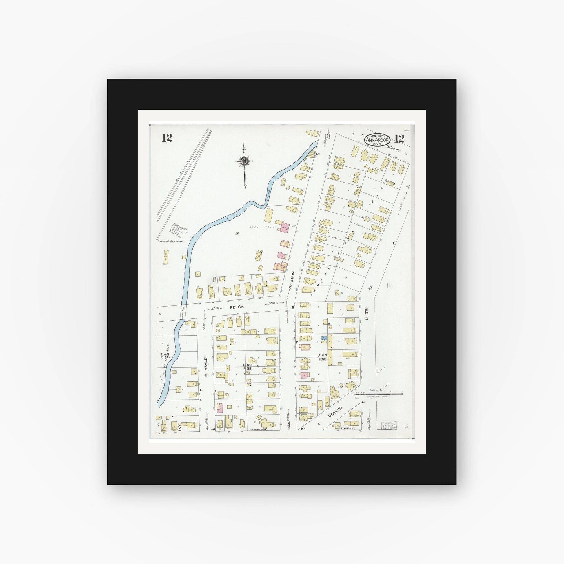 Old map wall art mockup — black gallery frame with white mat — Sanborn Fire Insurance Map from Ann Arbor, Washtenaw County, Michigan (1925), Sheet #0012