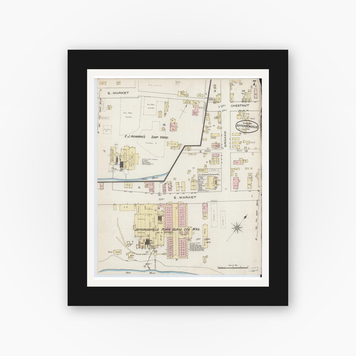 Old map wall art mockup — black gallery frame with white mat — Sanborn Fire Insurance Map from Jeffersonville, Clark County, Indiana (1886), Sheet #0007