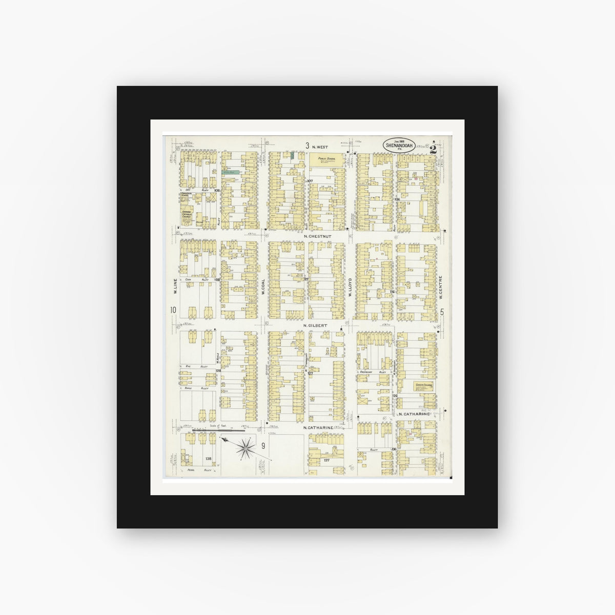 Old map wall art mockup — black gallery frame with white mat — Sanborn Fire Insurance Map from Shenandoah, Schuylkill County, Pennsylvania (1908), Sheet #0002