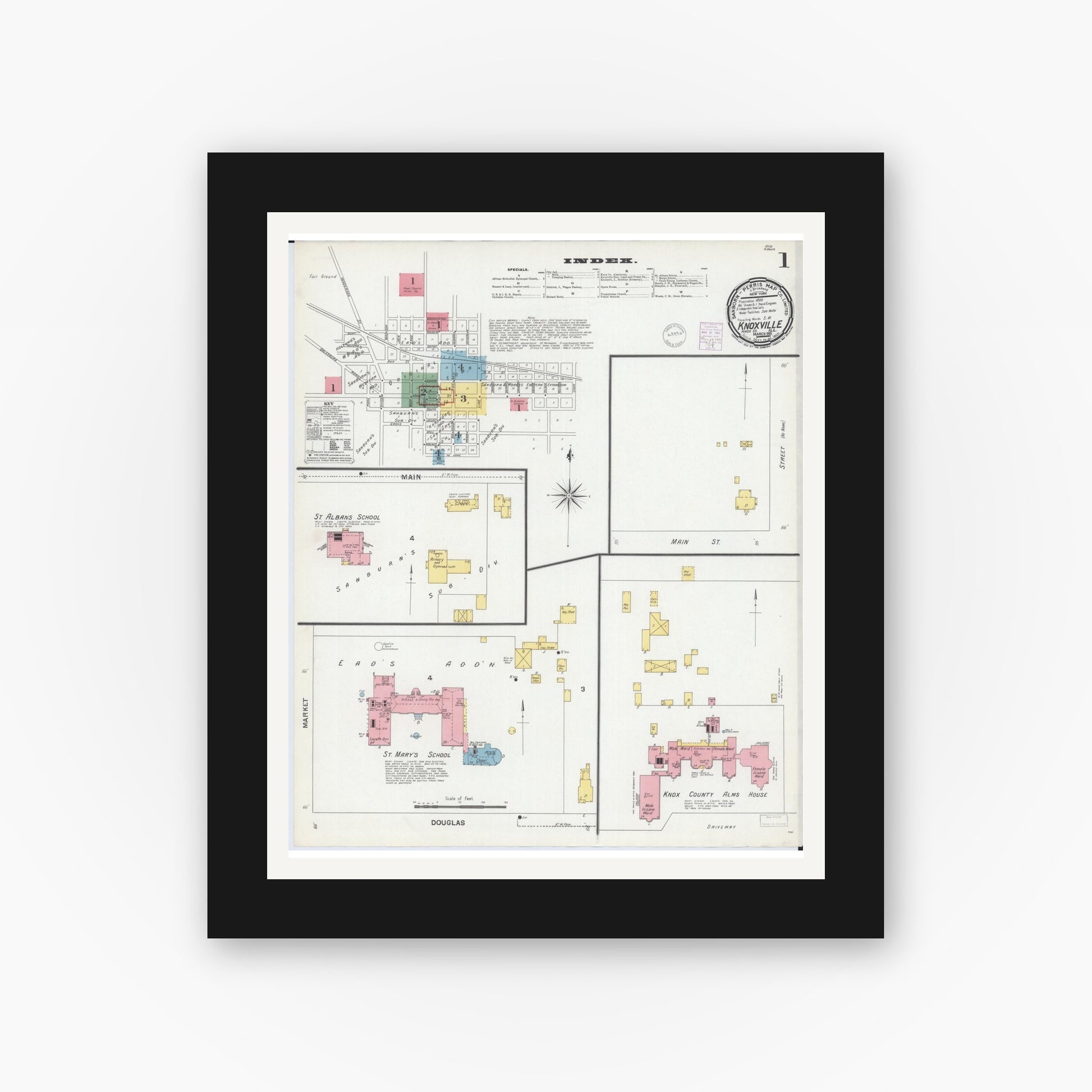 Old map wall art mockup — black gallery frame with white mat — Sanborn Fire Insurance Map from Knoxville, Knox County, Illinois (1901) - Complete Map Set