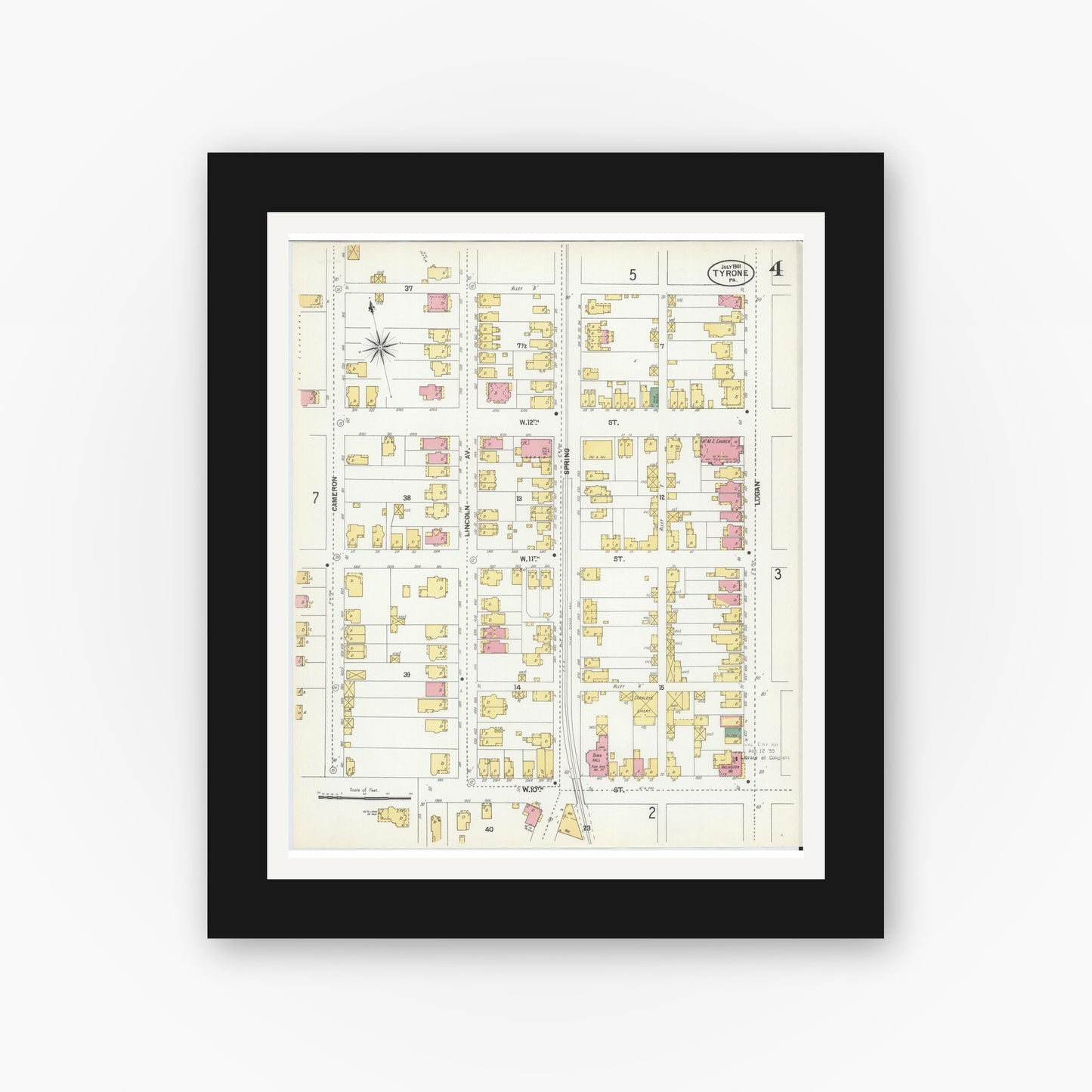 Old map wall art mockup — black gallery frame with white mat — Sanborn Fire Insurance Map from Tyrone, Blair County, Pennsylvania (1901), Sheet #0004