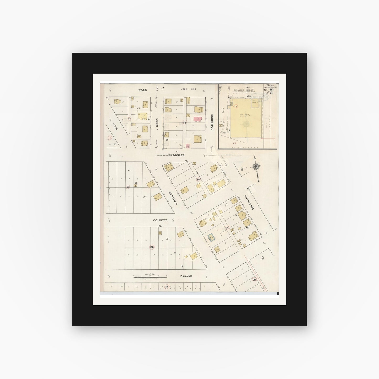 Old map wall art mockup — black gallery frame with white mat — Sanborn Fire Insurance Map from Chillicothe, Hardeman County, Texas (1941), Sheet #0007