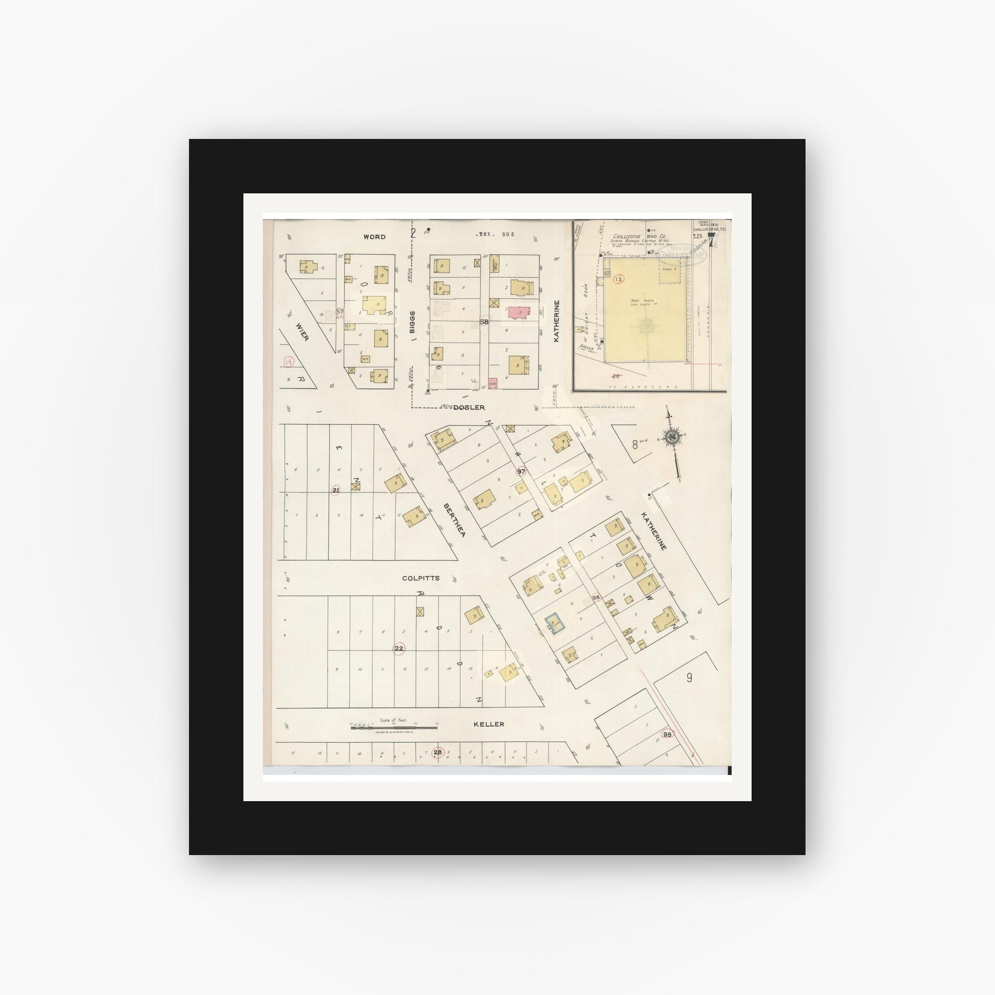 Old map wall art mockup — black gallery frame with white mat — Sanborn Fire Insurance Map from Chillicothe, Hardeman County, Texas (1941), Sheet #0007