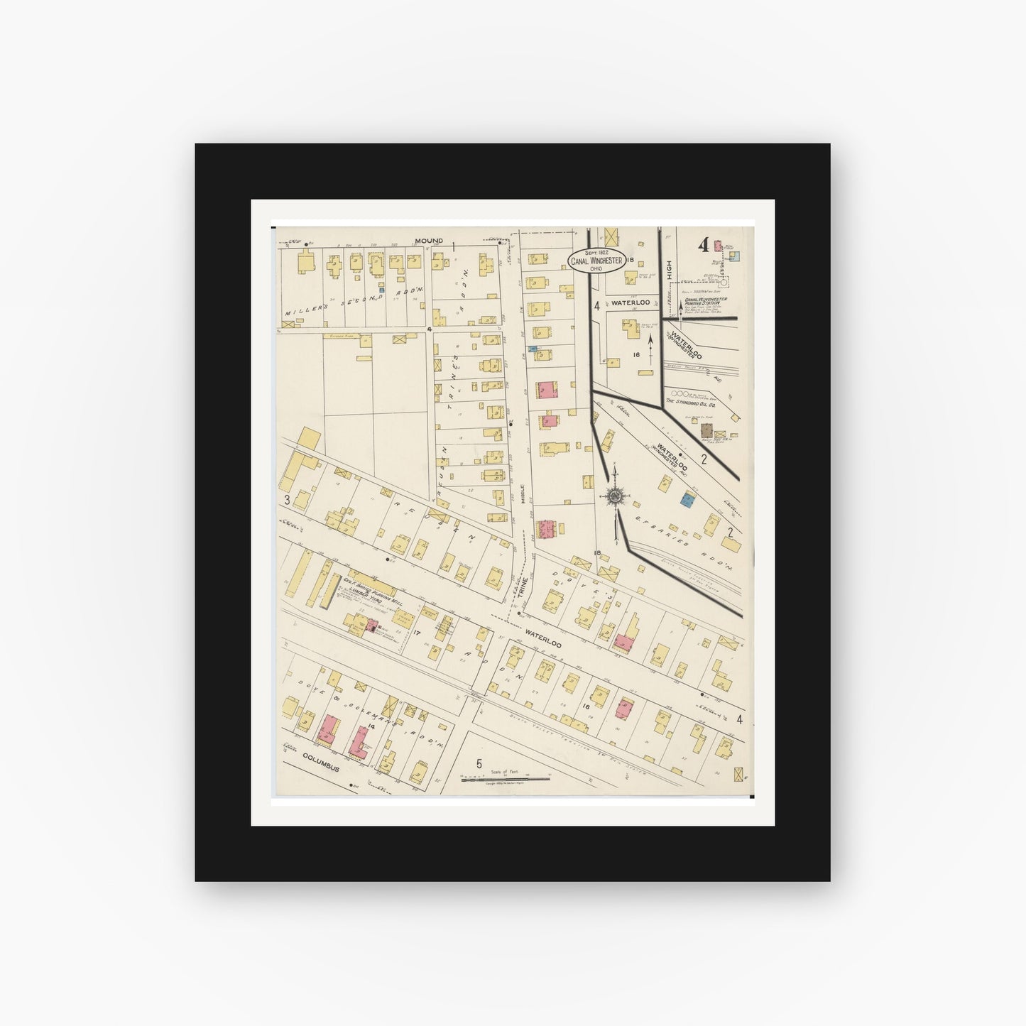 Old map wall art mockup — black gallery frame with white mat — Sanborn Fire Insurance Map from Canal Winchester, Franklin County, Ohio (1922), Sheet #0004