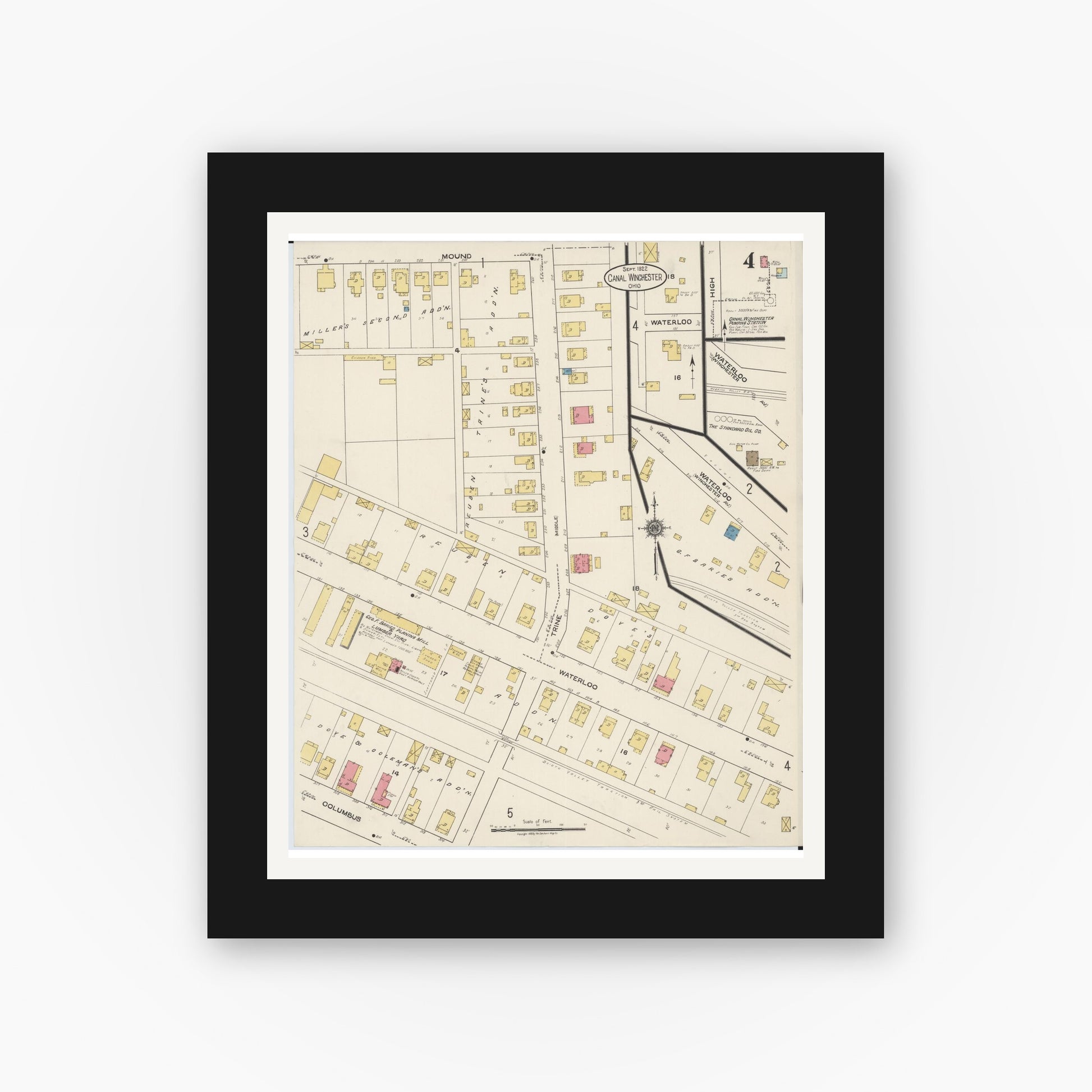 Old map wall art mockup — black gallery frame with white mat — Sanborn Fire Insurance Map from Canal Winchester, Franklin County, Ohio (1922), Sheet #0004