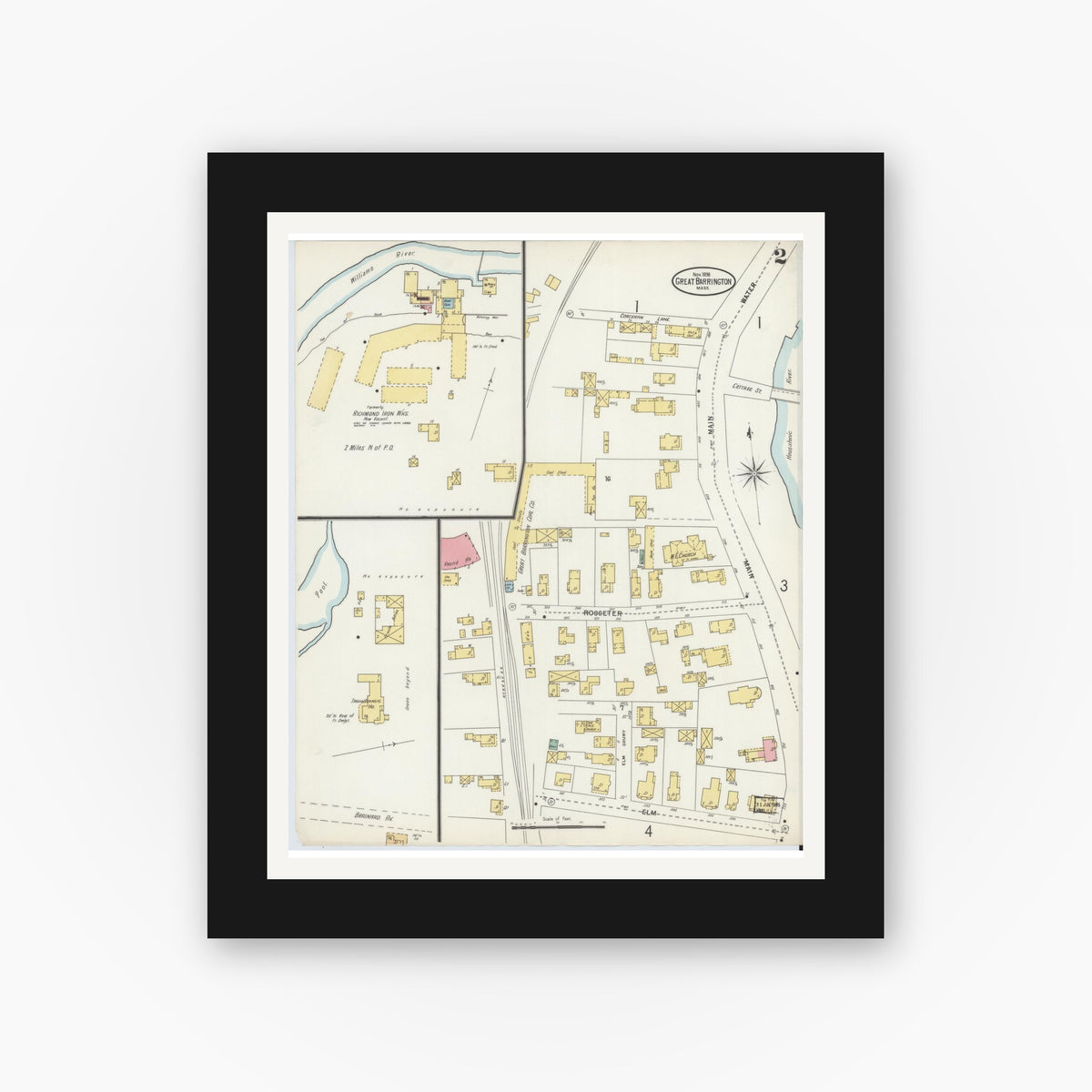 Old map wall art mockup — black gallery frame with white mat — Sanborn Fire Insurance Map from Great Barrington, Berkshire County, Massachusetts (1898), Sheet #0002
