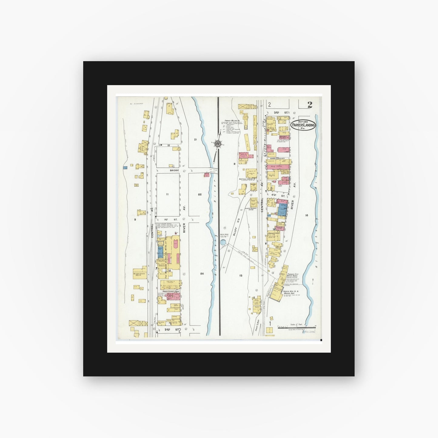 Old map wall art mockup — black gallery frame with white mat — Sanborn Fire Insurance Map from Parkers Landing, Armstrong County, Pennsylvania (1919), Sheet #0002