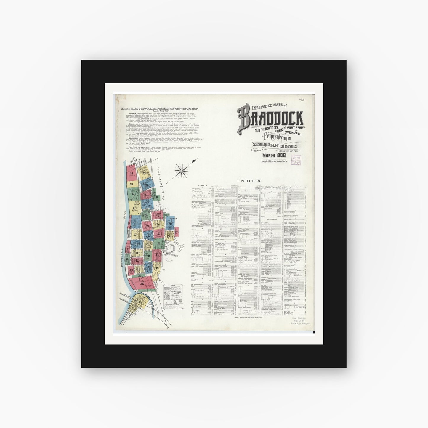 Old map wall art mockup — black gallery frame with white mat — Sanborn Fire Insurance Map from Braddock, Allegheny County, Pennsylvania (1908) - Complete Map Set