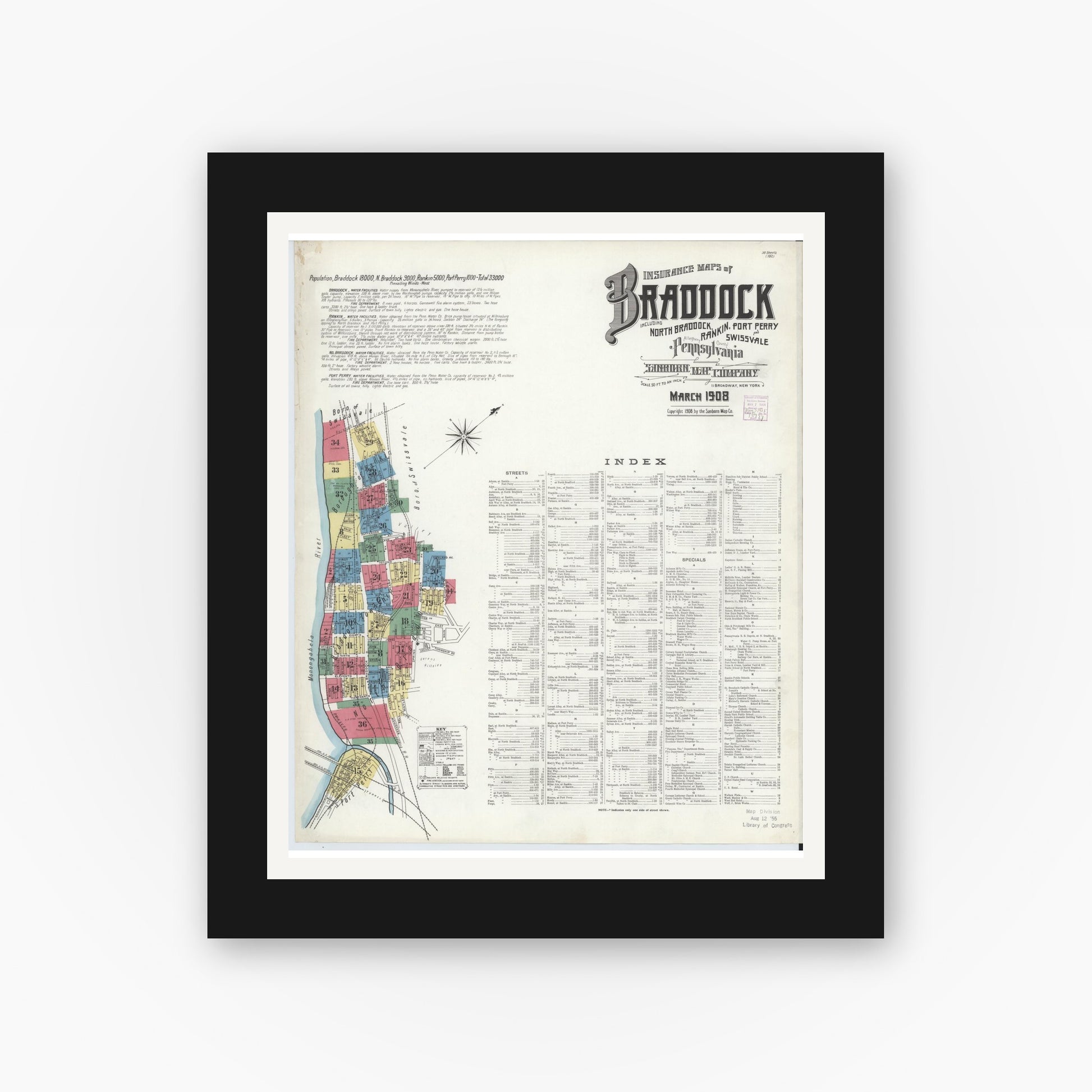 Old map wall art mockup — black gallery frame with white mat — Sanborn Fire Insurance Map from Braddock, Allegheny County, Pennsylvania (1908) - Complete Map Set