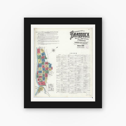 Old map wall art mockup — black gallery frame with white mat — Sanborn Fire Insurance Map from Braddock, Allegheny County, Pennsylvania (1908) - Complete Map Set