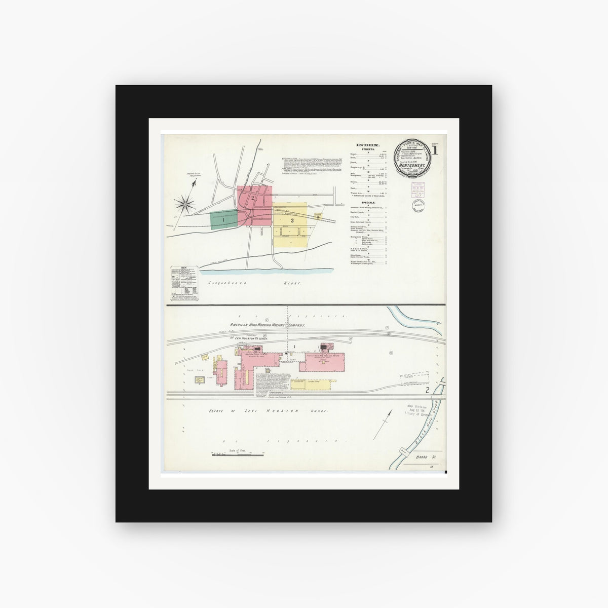 Old map wall art mockup — black gallery frame with white mat — Sanborn Fire Insurance Map from Montgomery, Lycoming County, Pennsylvania (1901) - Complete Map Set