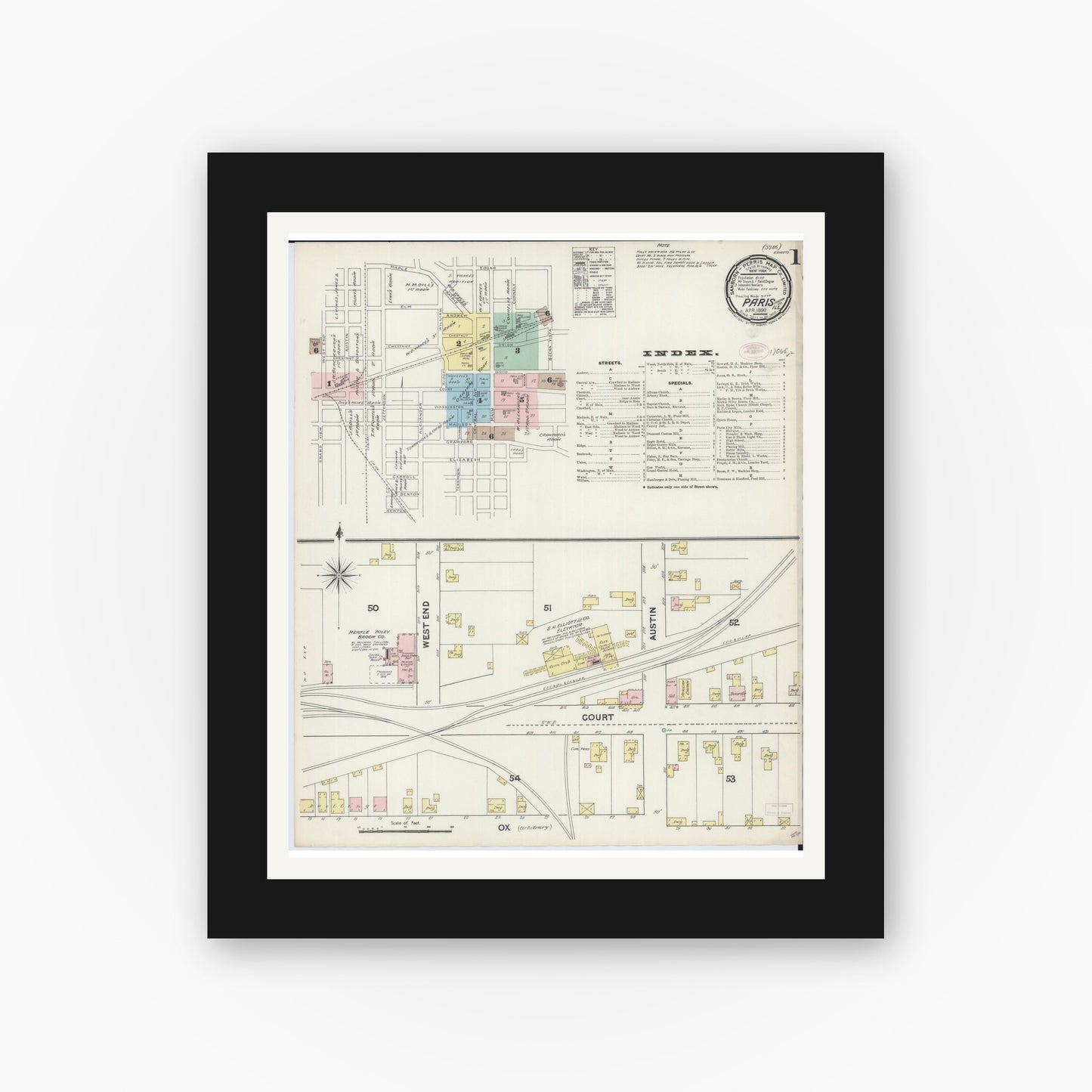 Old map wall art mockup — black gallery frame with white mat — Sanborn Fire Insurance Map from Paris, Edgar County, Illinois (1890), Sheet #0001