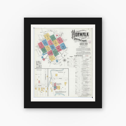 Old map wall art mockup — black gallery frame with white mat — Sanborn Fire Insurance Map from Norwalk, Huron County, Ohio (1906), Sheet #0001