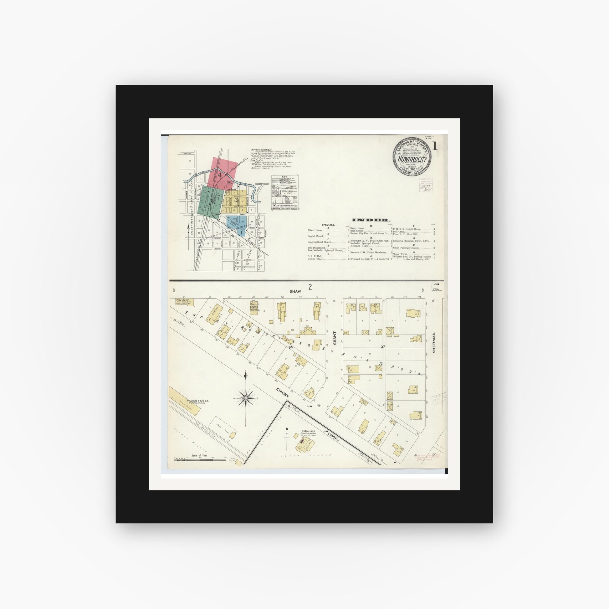 Old map wall art mockup — black gallery frame with white mat — Sanborn Fire Insurance Map from Howard City, Montcalm County, Michigan (1908) - Complete Map Set