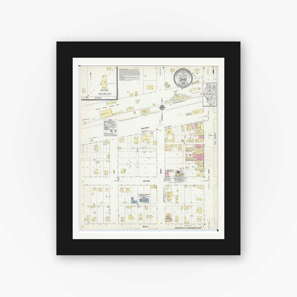 Old map wall art mockup — black gallery frame with white mat — Sanborn Fire Insurance Map from Ohio, Bureau County, Illinois (1913), Sheet #0001