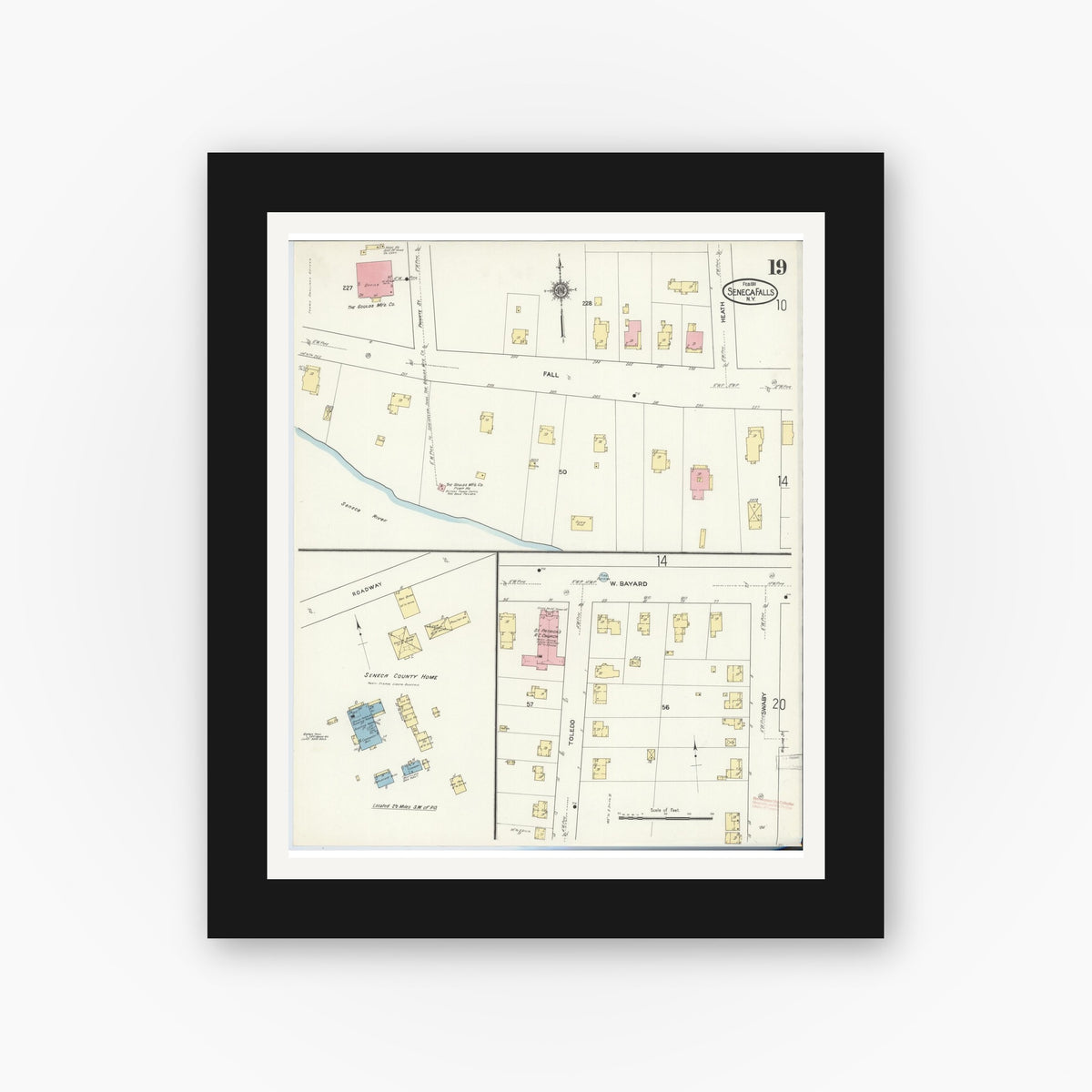 Old map wall art mockup — black gallery frame with white mat — Sanborn Fire Insurance Map from Seneca Falls, Seneca County, New York (1911), Sheet #0019