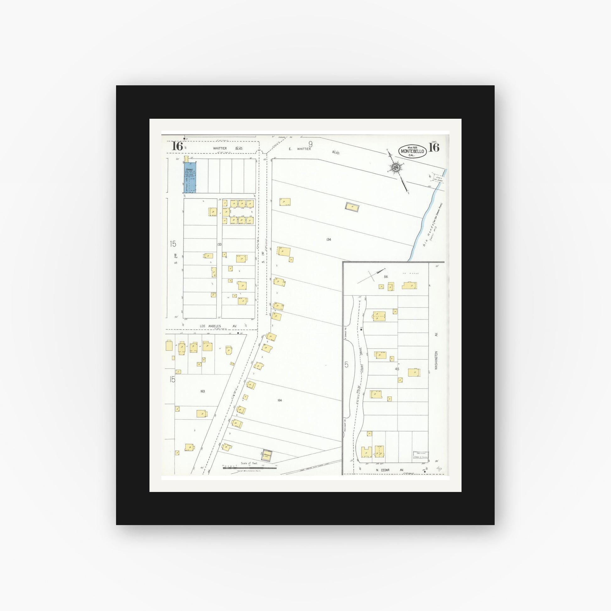 Old map wall art mockup — black gallery frame with white mat — Sanborn Fire Insurance Map from Montebello, Los Angeles County, California (1925), Sheet #0016