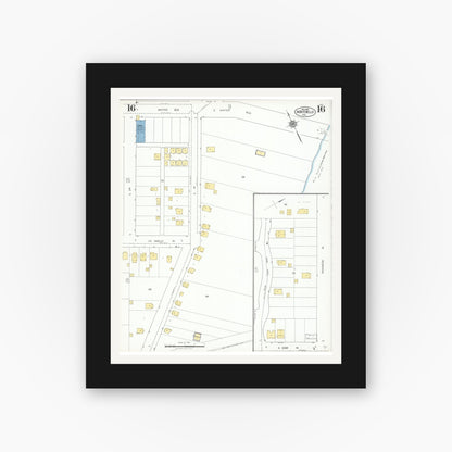 Old map wall art mockup — black gallery frame with white mat — Sanborn Fire Insurance Map from Montebello, Los Angeles County, California (1925), Sheet #0016