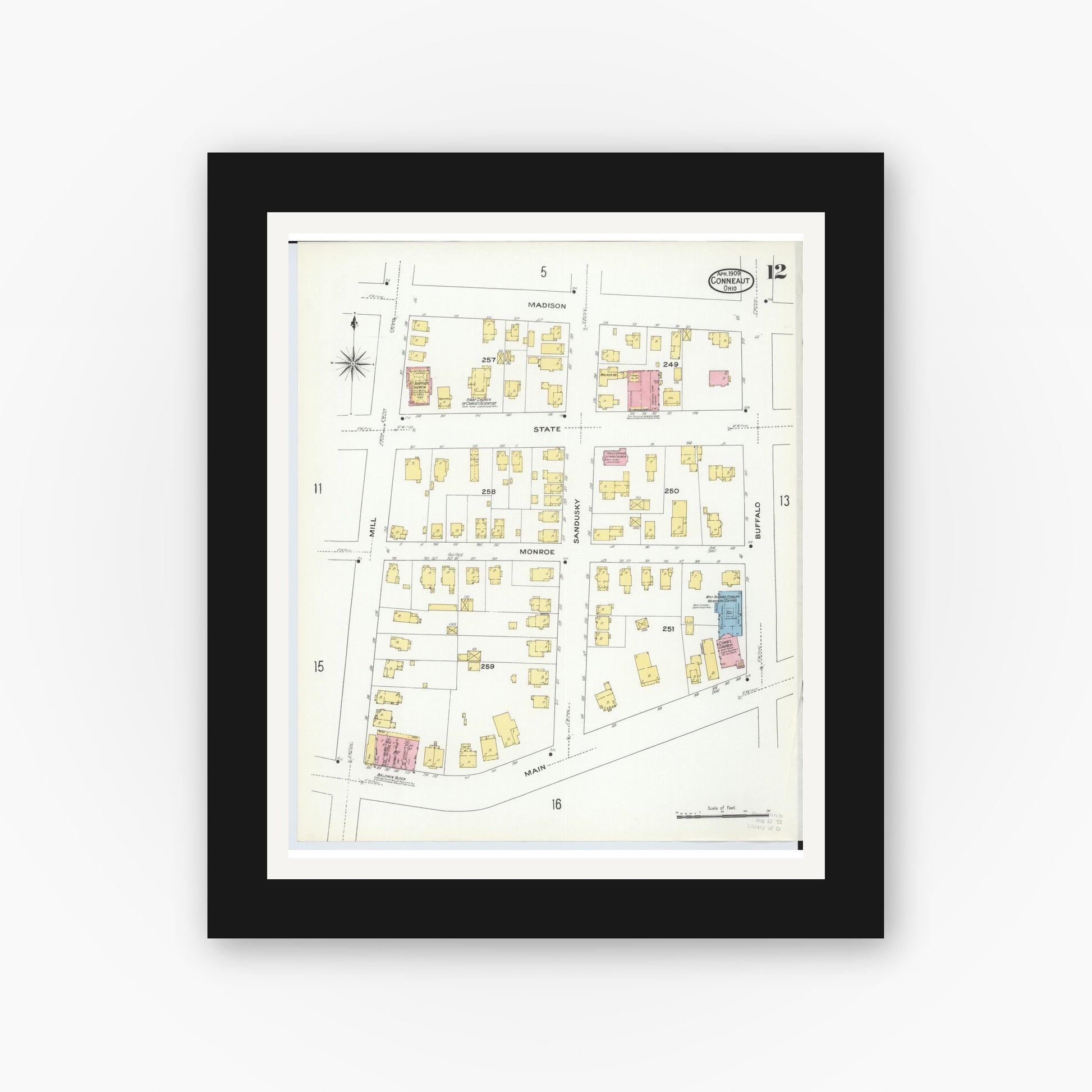 Old map wall art mockup — black gallery frame with white mat — Sanborn Fire Insurance Map from Conneaut, Ashtabula County, Ohio (1909), Sheet #0012