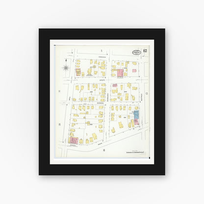 Old map wall art mockup — black gallery frame with white mat — Sanborn Fire Insurance Map from Conneaut, Ashtabula County, Ohio (1909), Sheet #0012