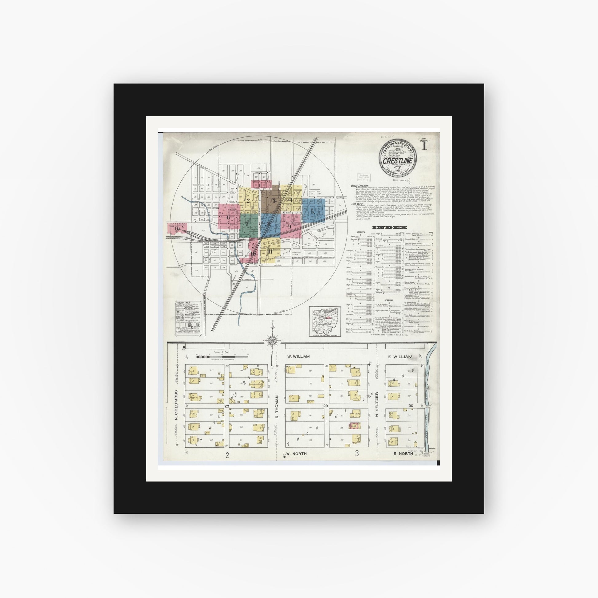 Old map wall art mockup — black gallery frame with white mat — Sanborn Fire Insurance Map from Crestline, Crawford County, Ohio (1921) - Complete Map Set