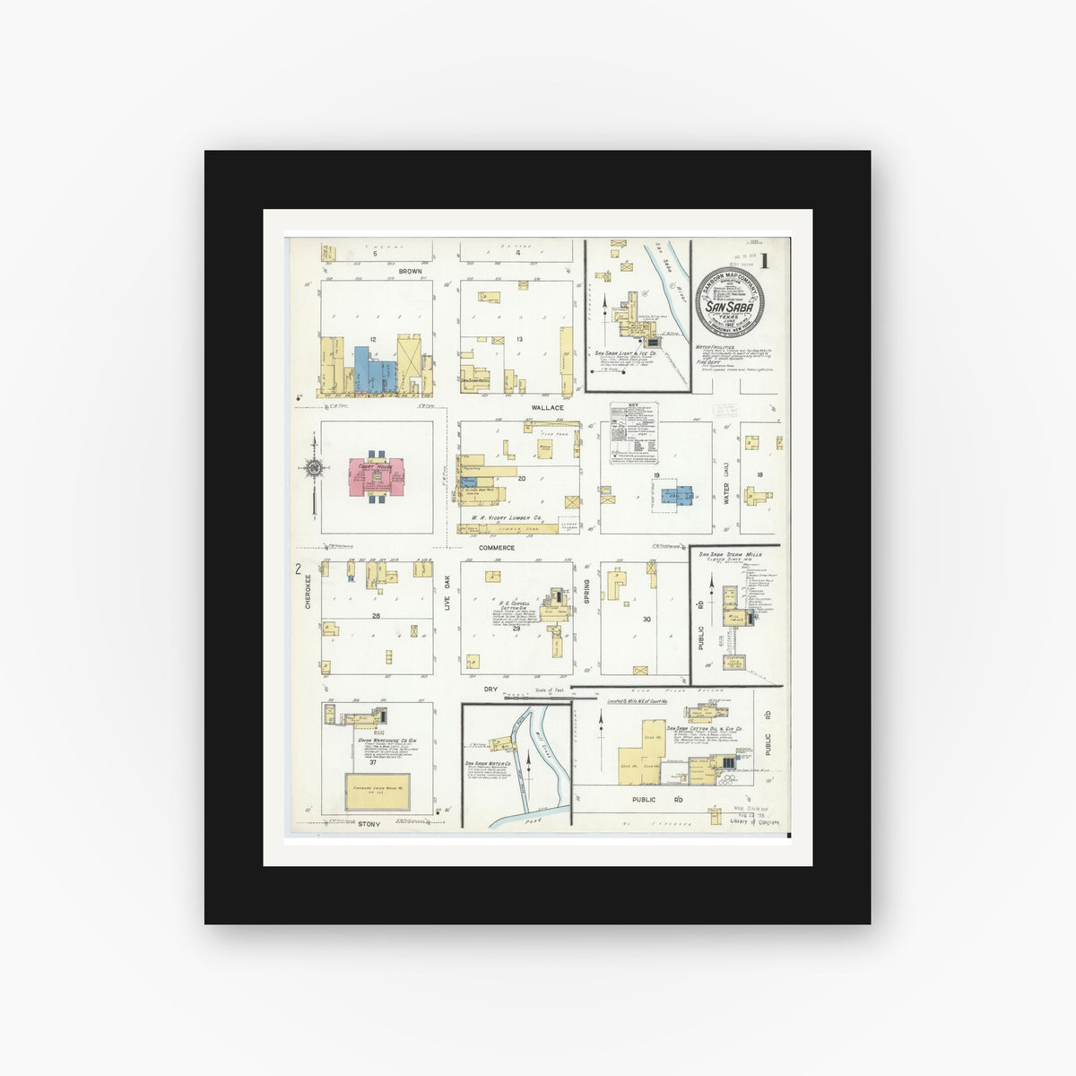 Old map wall art mockup — black gallery frame with white mat — Sanborn Fire Insurance Map from San Saba, San Saba County, Texas (1912), Sheet #0001