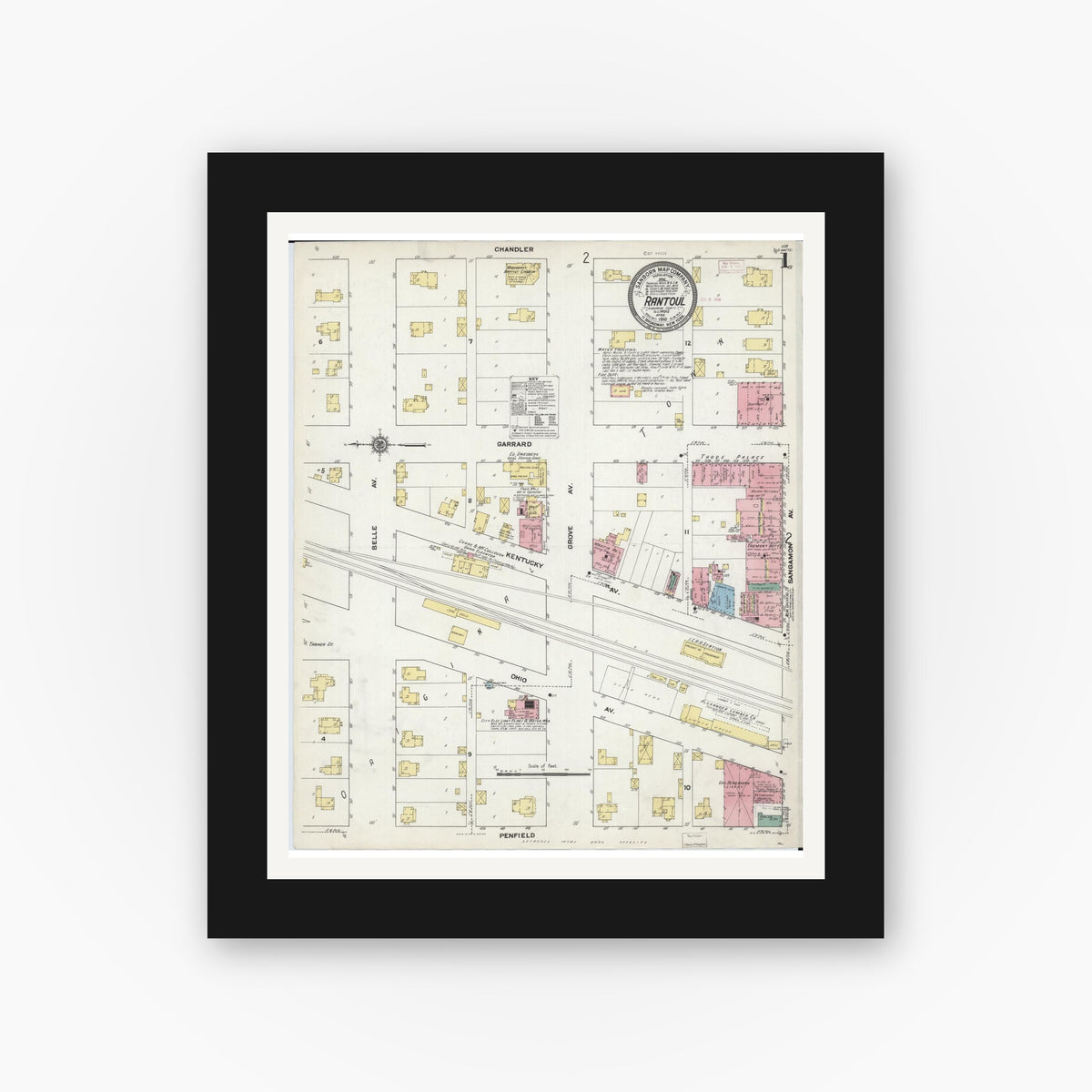 Old map wall art mockup — black gallery frame with white mat — Sanborn Fire Insurance Map from Rantoul, Champaign County, Illinois (1910), Sheet #0001