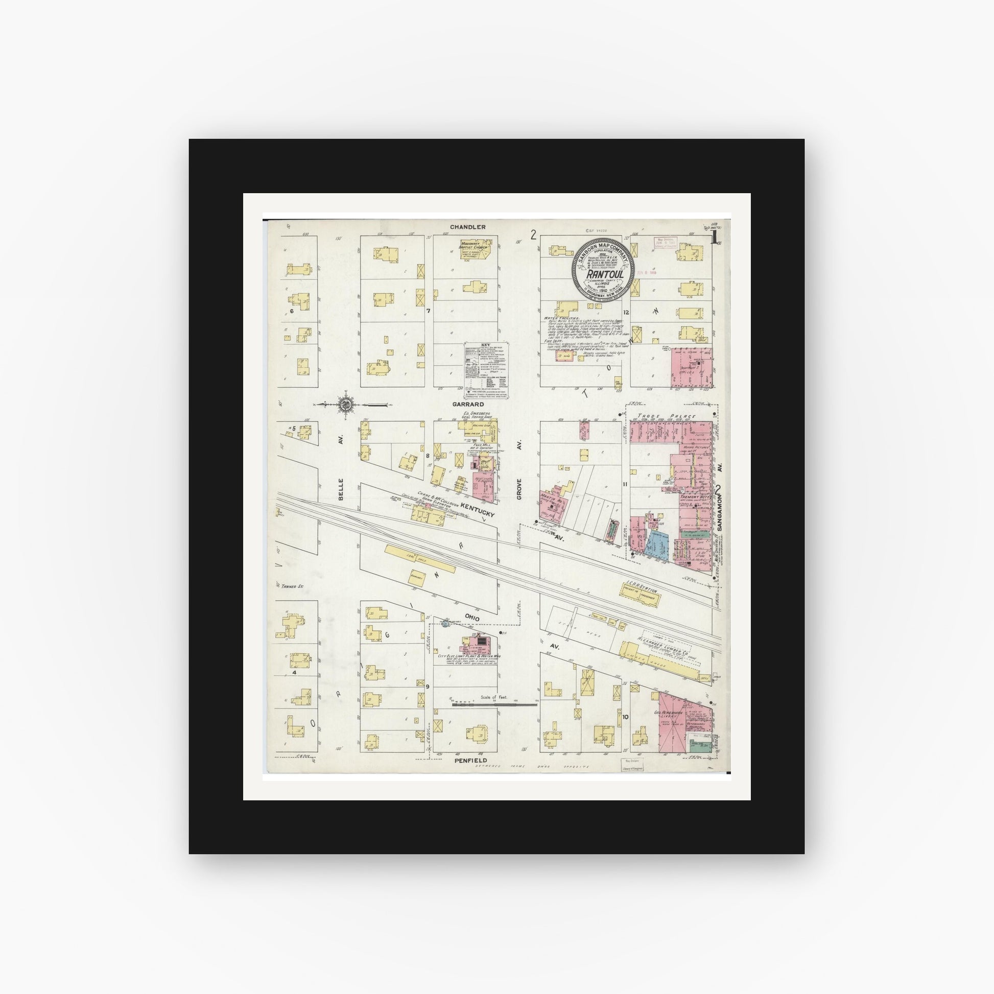 Old map wall art mockup — black gallery frame with white mat — Sanborn Fire Insurance Map from Rantoul, Champaign County, Illinois (1910), Sheet #0001