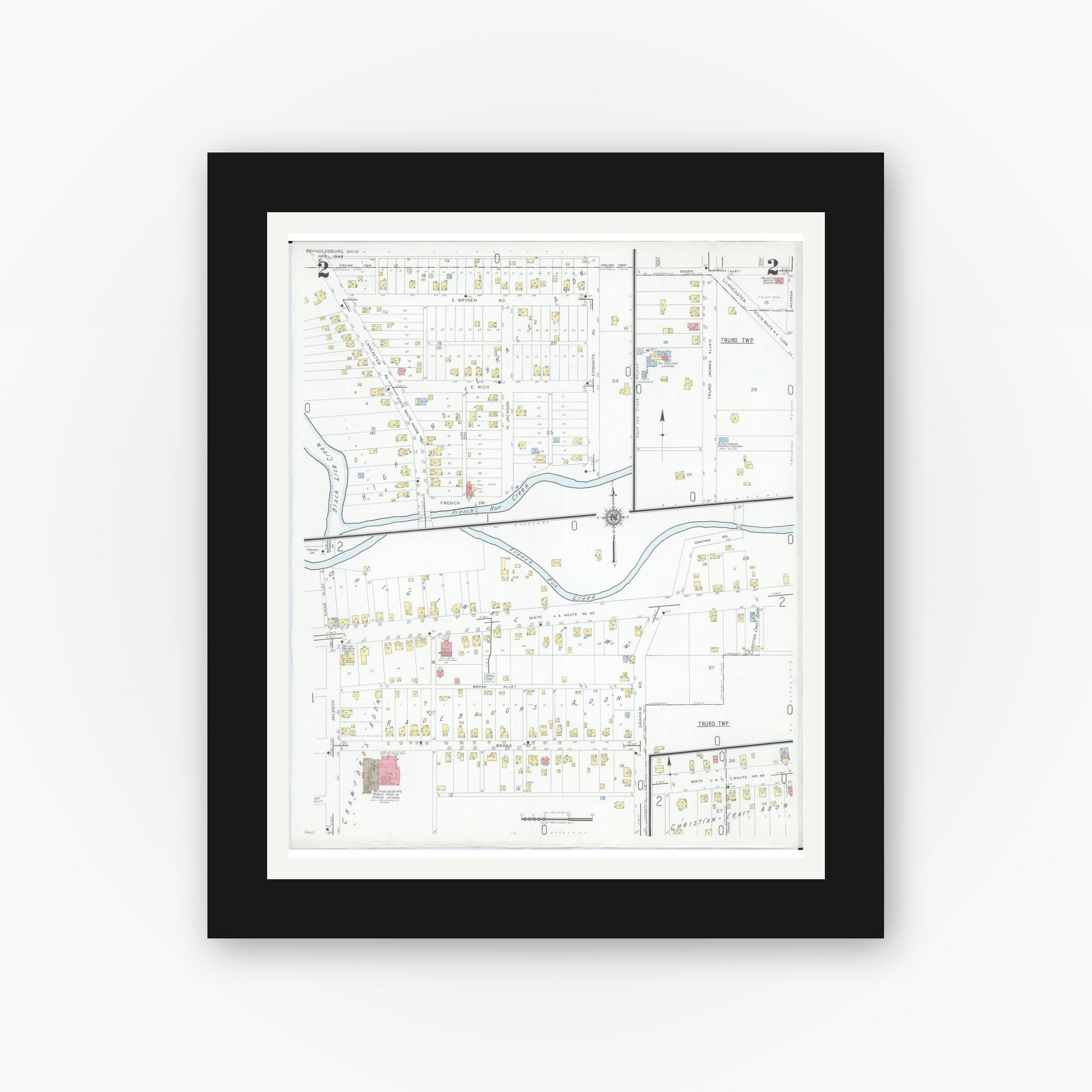 Old map wall art mockup — black gallery frame with white mat — Sanborn Fire Insurance Map from Reynoldsburg, Franklin County, Ohio (1946), Sheet #0002