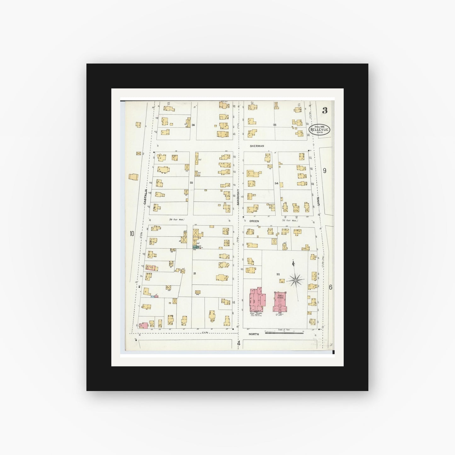 Old map wall art mockup — black gallery frame with white mat — Sanborn Fire Insurance Map from Bellevue, Huron And Sandusky County, Ohio (1906), Sheet #0003