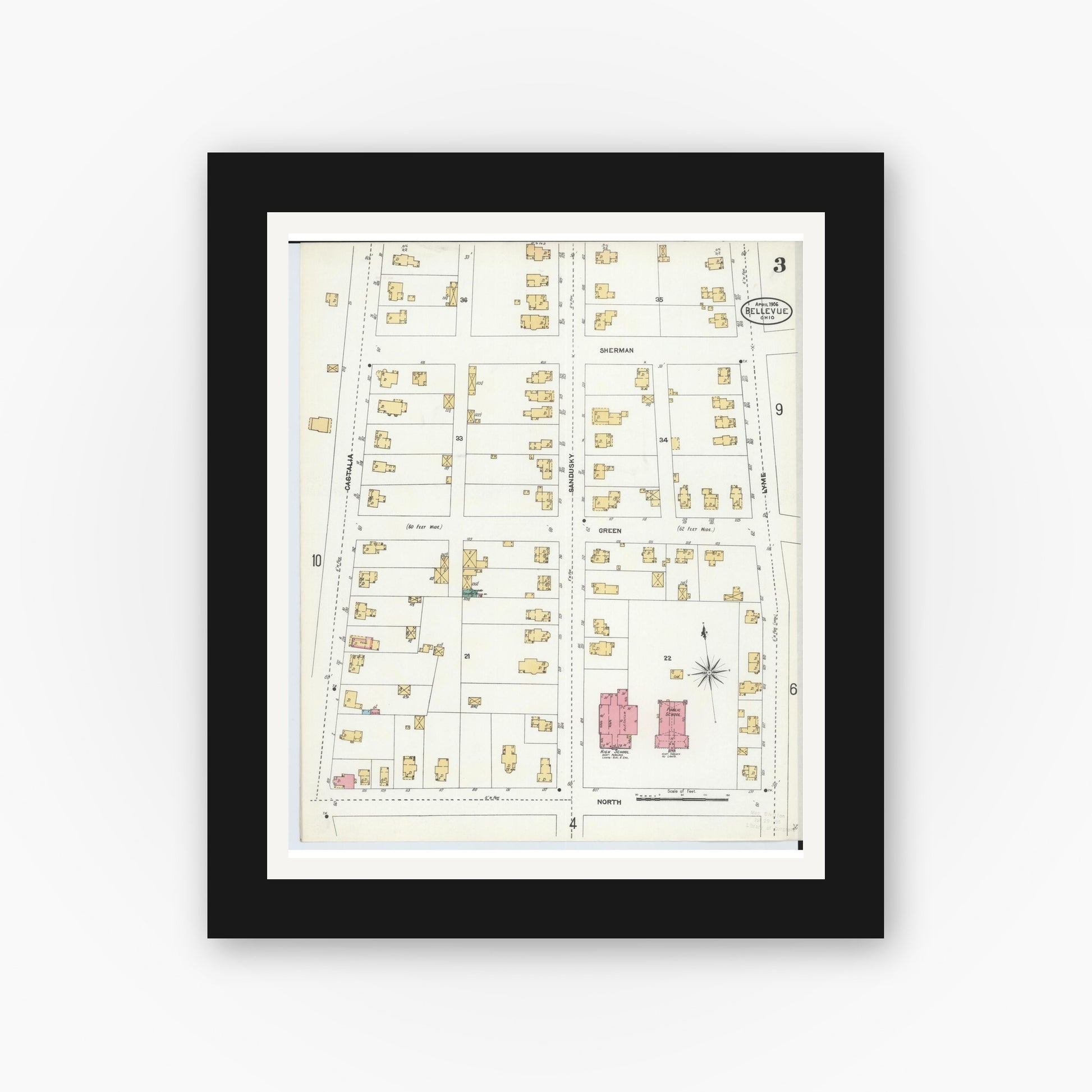 Old map wall art mockup — black gallery frame with white mat — Sanborn Fire Insurance Map from Bellevue, Huron And Sandusky County, Ohio (1906), Sheet #0003