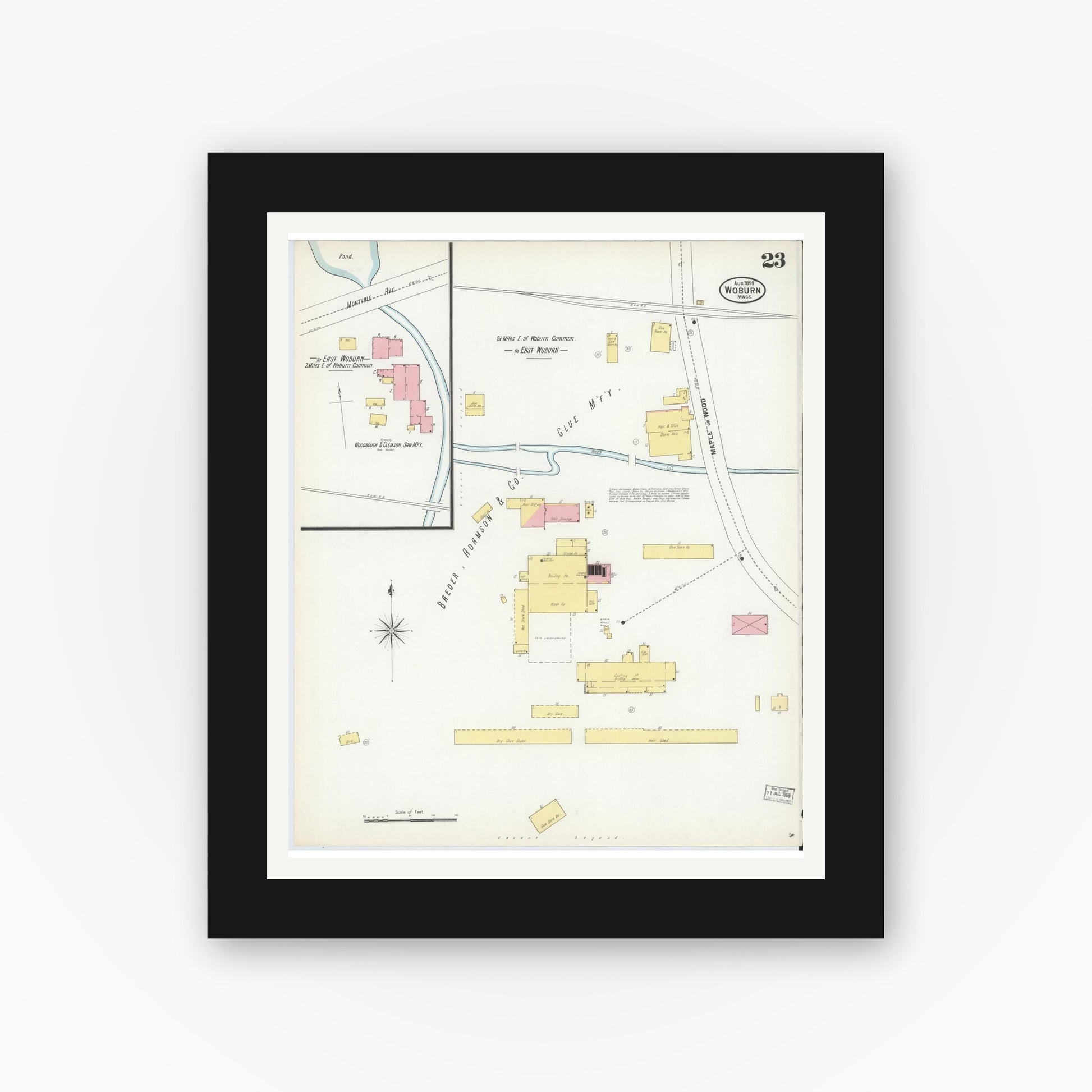 Old map wall art mockup — black gallery frame with white mat — Sanborn Fire Insurance Map from Woburn, Middlesex County, Massachusetts (1899), Sheet #0023