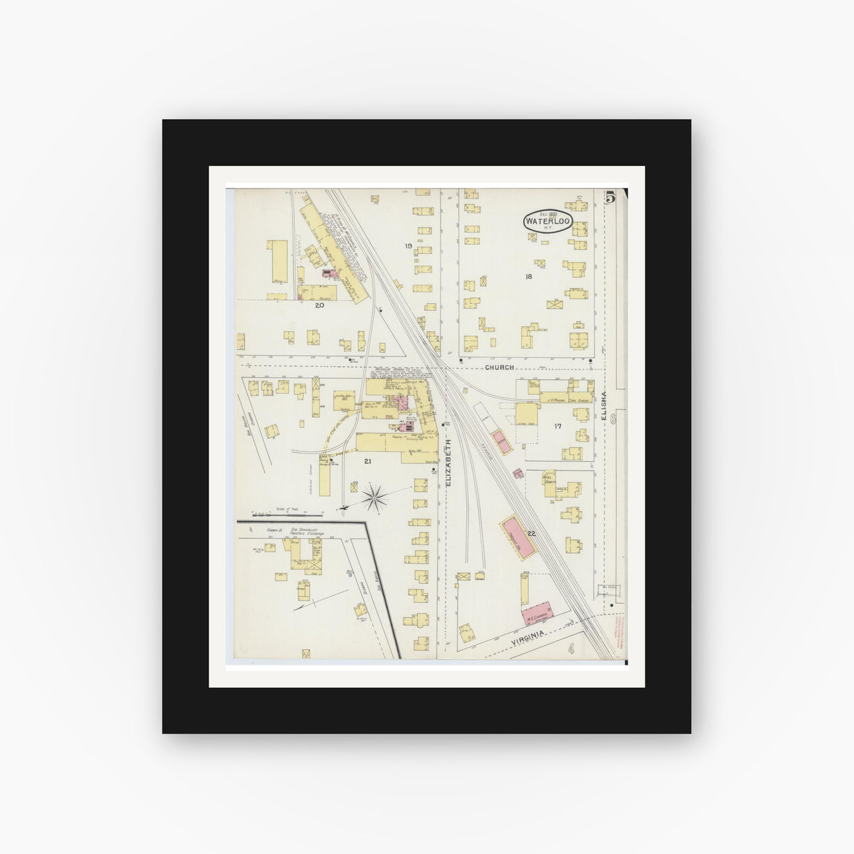 Old map wall art mockup — black gallery frame with white mat — Sanborn Fire Insurance Map from Waterloo, Seneca County, New York (1893), Sheet #0005