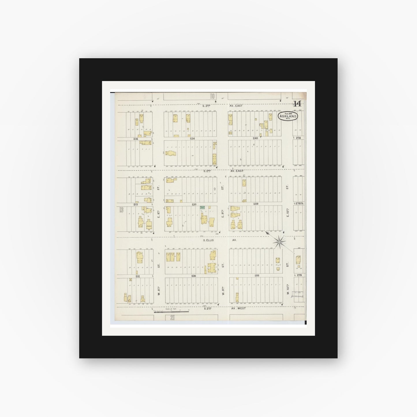 Old map wall art mockup — black gallery frame with white mat — Sanborn Fire Insurance Map from Ashland, Ashland County, Wisconsin (1895), Sheet #0014