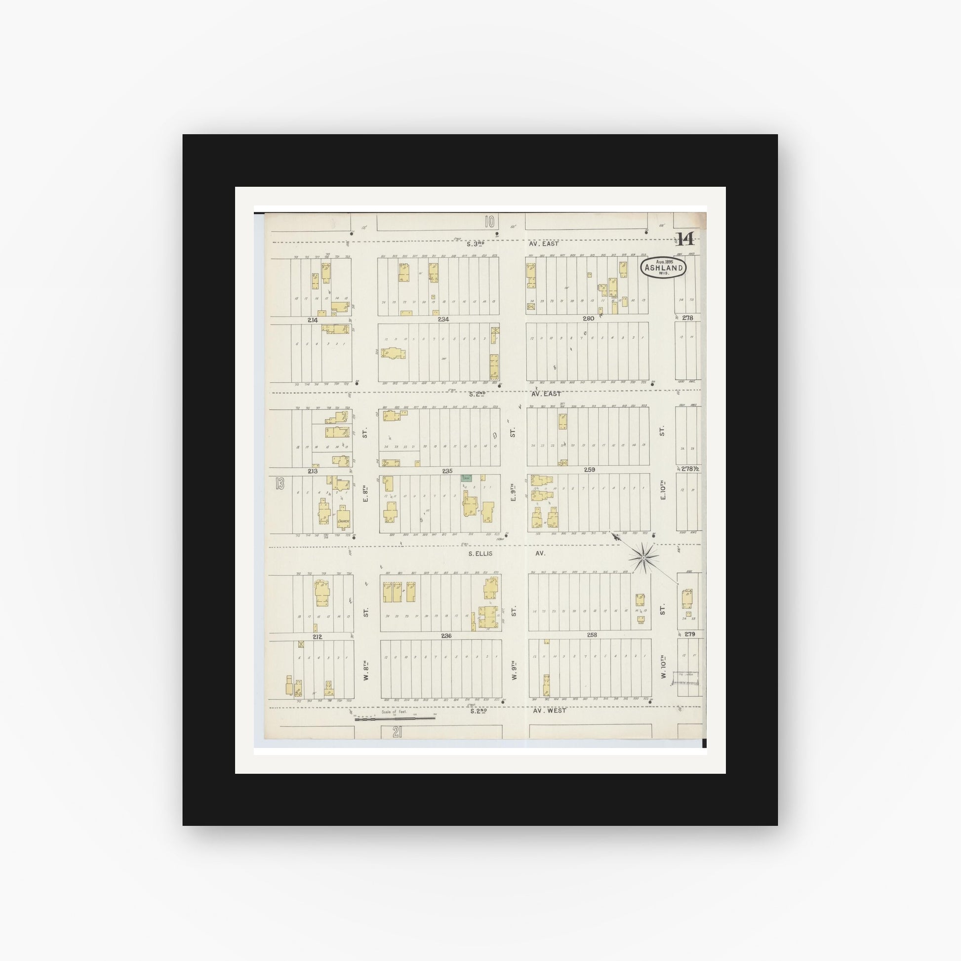 Old map wall art mockup — black gallery frame with white mat — Sanborn Fire Insurance Map from Ashland, Ashland County, Wisconsin (1895), Sheet #0014