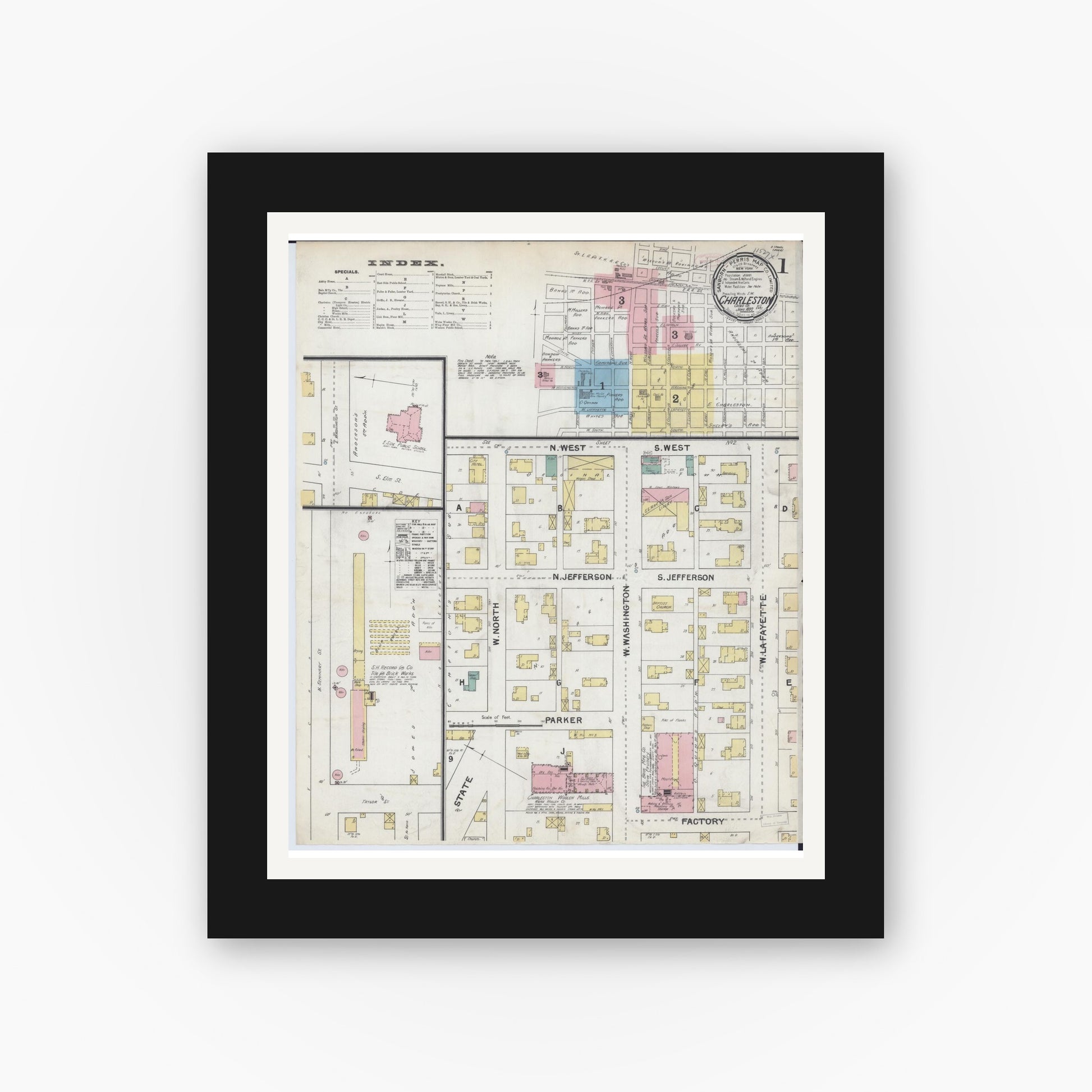 Old map wall art mockup — black gallery frame with white mat — Sanborn Fire Insurance Map from Charleston, Coles County, Illinois (1892), Sheet #0001