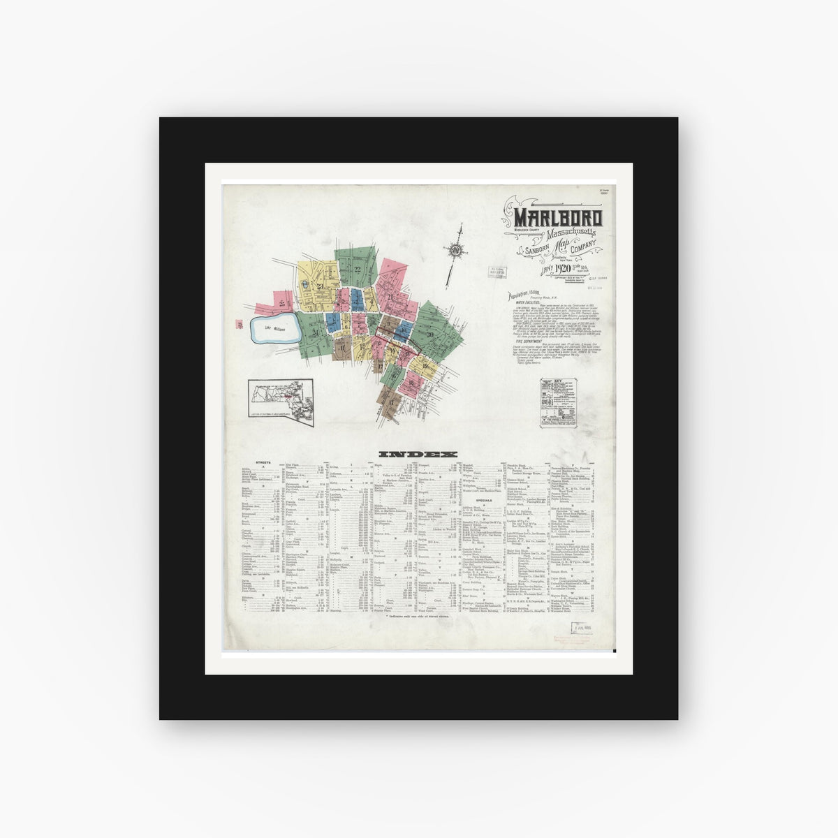 Old map wall art mockup — black gallery frame with white mat — Sanborn Fire Insurance Map from Marlborough, Middlesex County, Massachusetts (1920), Sheet #0001