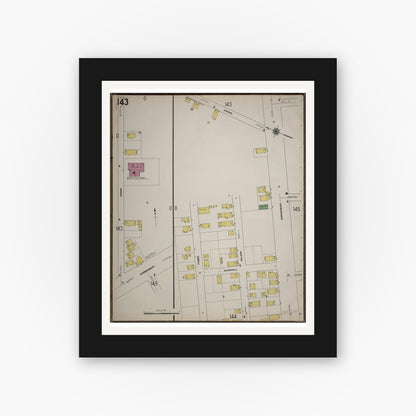 Old map wall art mockup — black gallery frame with white mat — Sanborn Fire Insurance Map from Worcester, Worcester County, Massachusetts (1910), Sheet #0143