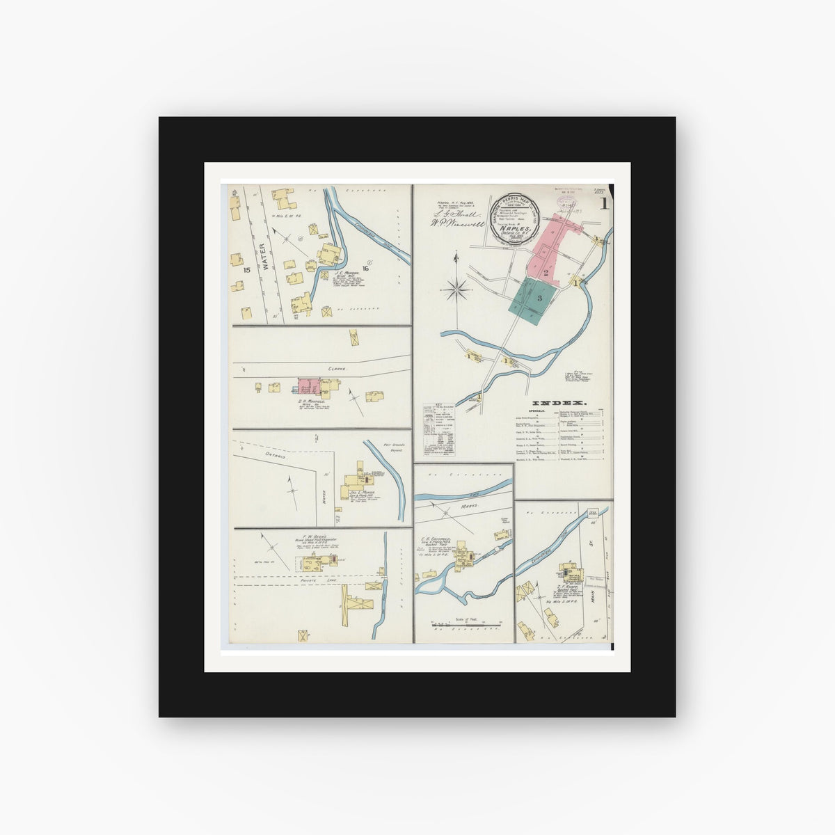 Old map wall art mockup — black gallery frame with white mat — Sanborn Fire Insurance Map from Naples, Ontario County, New York (1893) - Complete Map Set