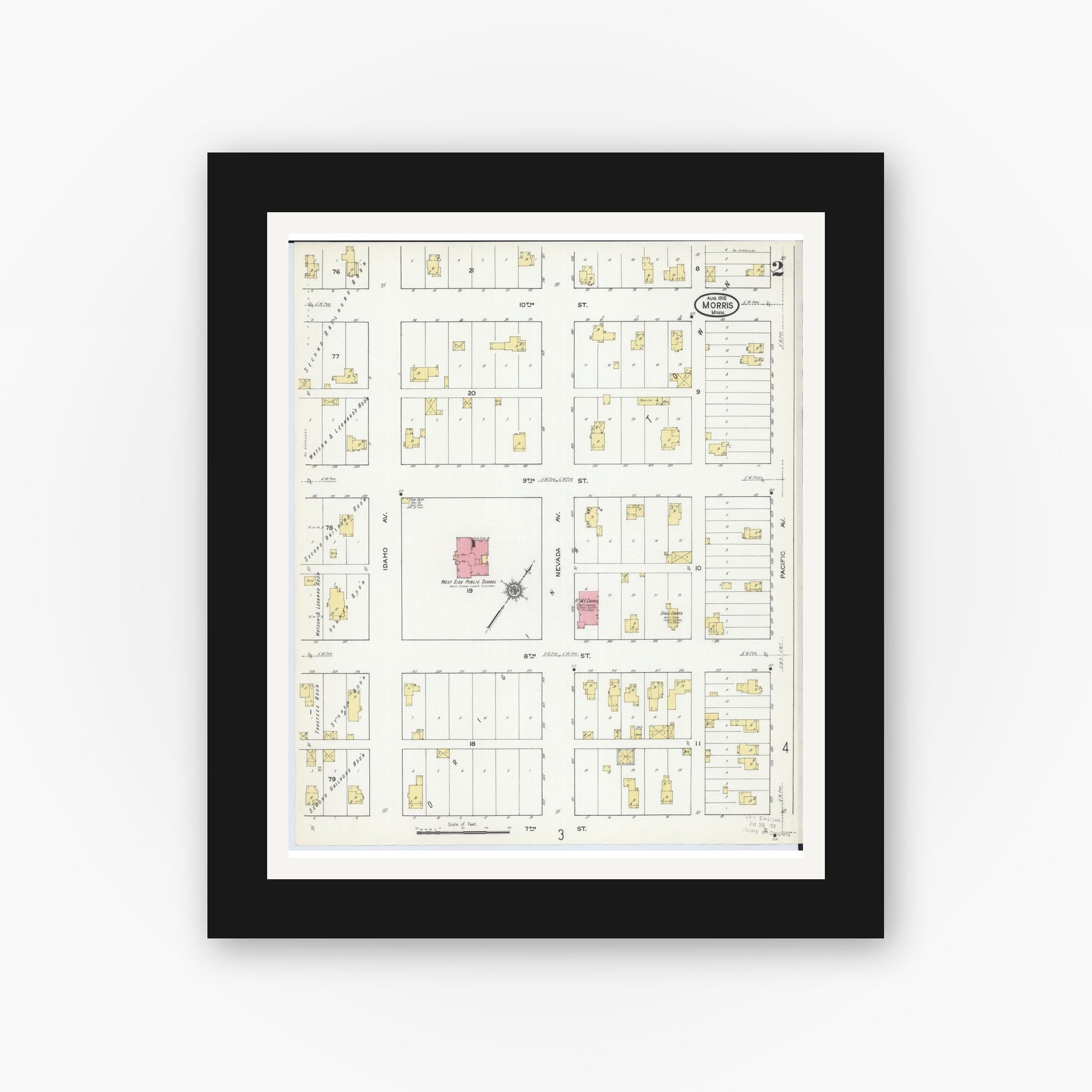 Old map wall art mockup — black gallery frame with white mat — Sanborn Fire Insurance Map from Morris, Stevens County, Minnesota (1915), Sheet #0002