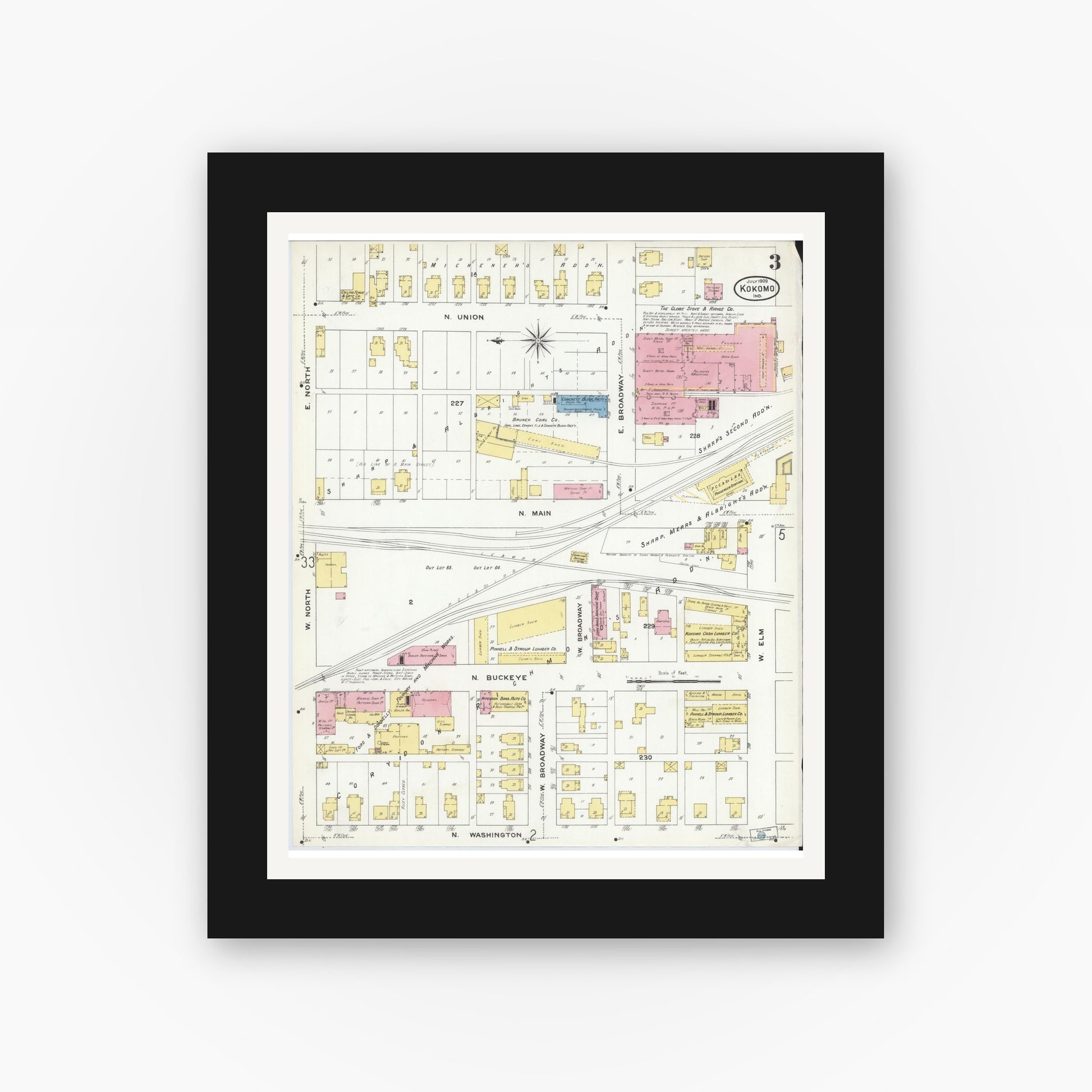Old map wall art mockup — black gallery frame with white mat — Sanborn Fire Insurance Map from Kokomo, Howard County, Indiana (1909), Sheet #0003