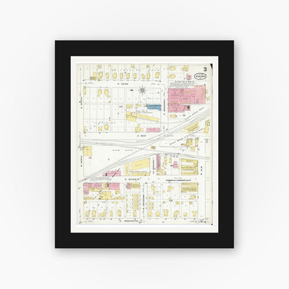 Old map wall art mockup — black gallery frame with white mat — Sanborn Fire Insurance Map from Kokomo, Howard County, Indiana (1909), Sheet #0003