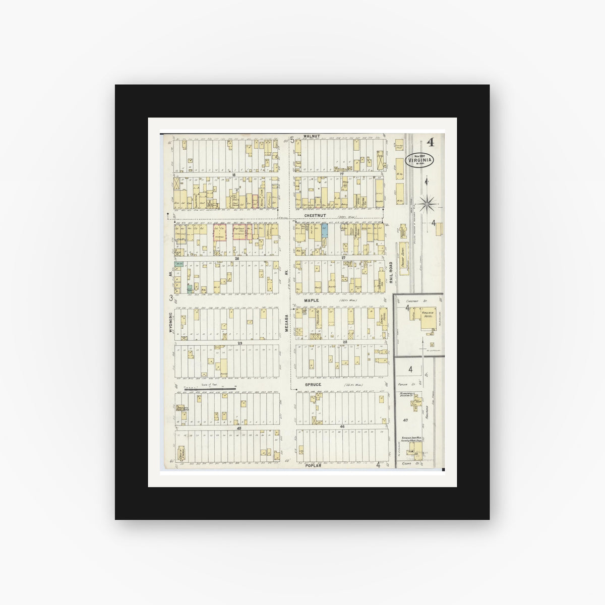 Old map wall art mockup — black gallery frame with white mat — Sanborn Fire Insurance Map from Virginia, Saint Louis County, Minnesota (1897), Sheet #0004