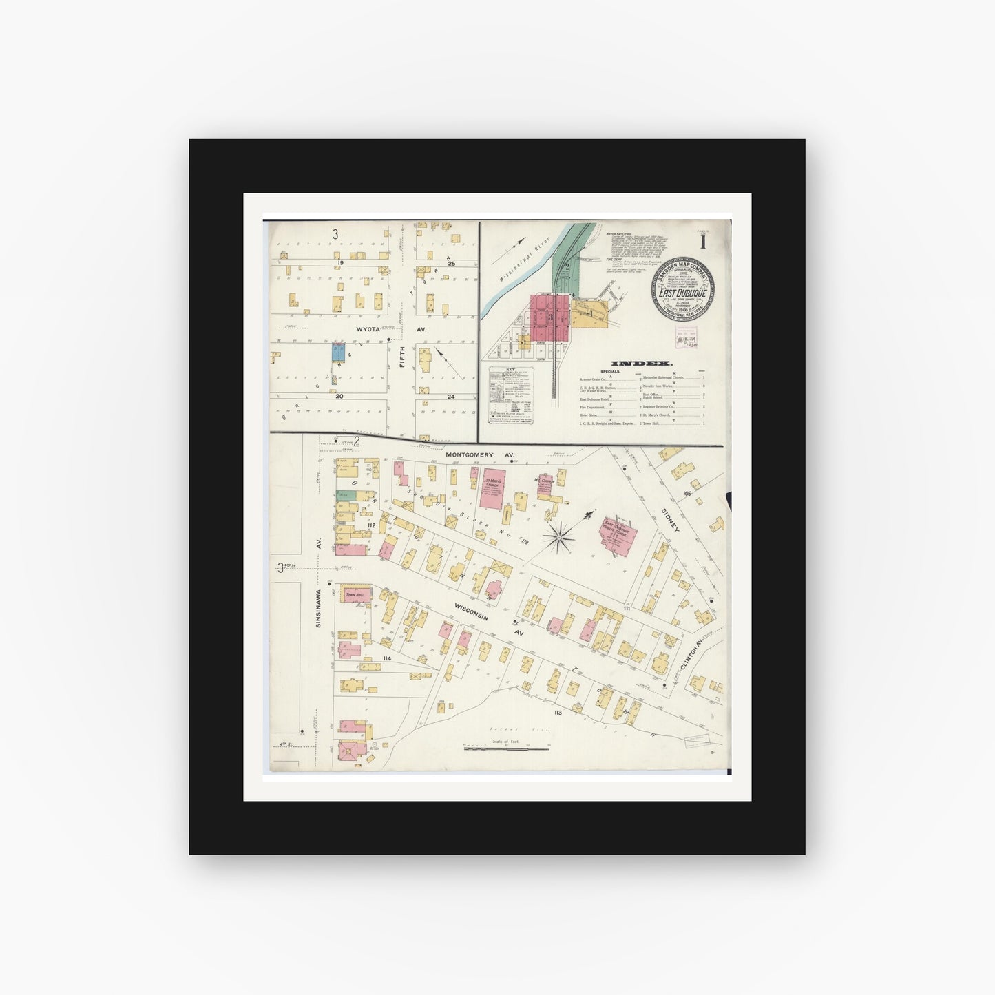 Old map wall art mockup — black gallery frame with white mat — Sanborn Fire Insurance Map from East Dubuque, Jo Daviess County, Illinois (1908), Sheet #0001