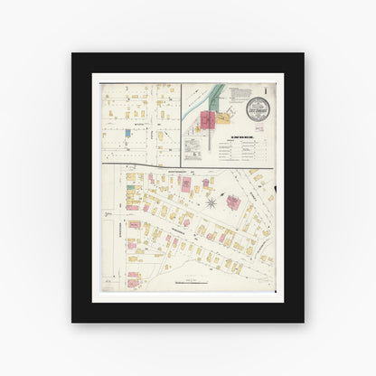 Old map wall art mockup — black gallery frame with white mat — Sanborn Fire Insurance Map from East Dubuque, Jo Daviess County, Illinois (1908), Sheet #0001